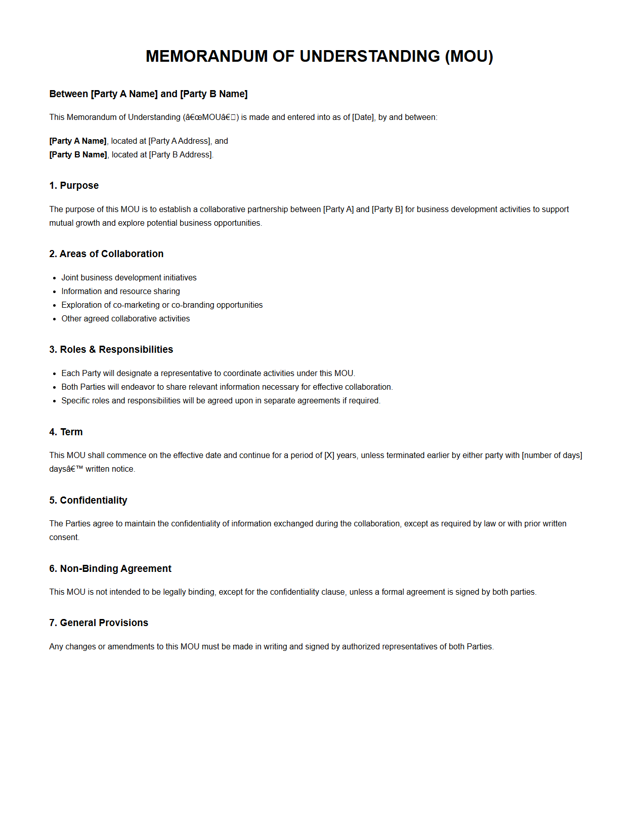 Business Development Partnership MOU Sample
