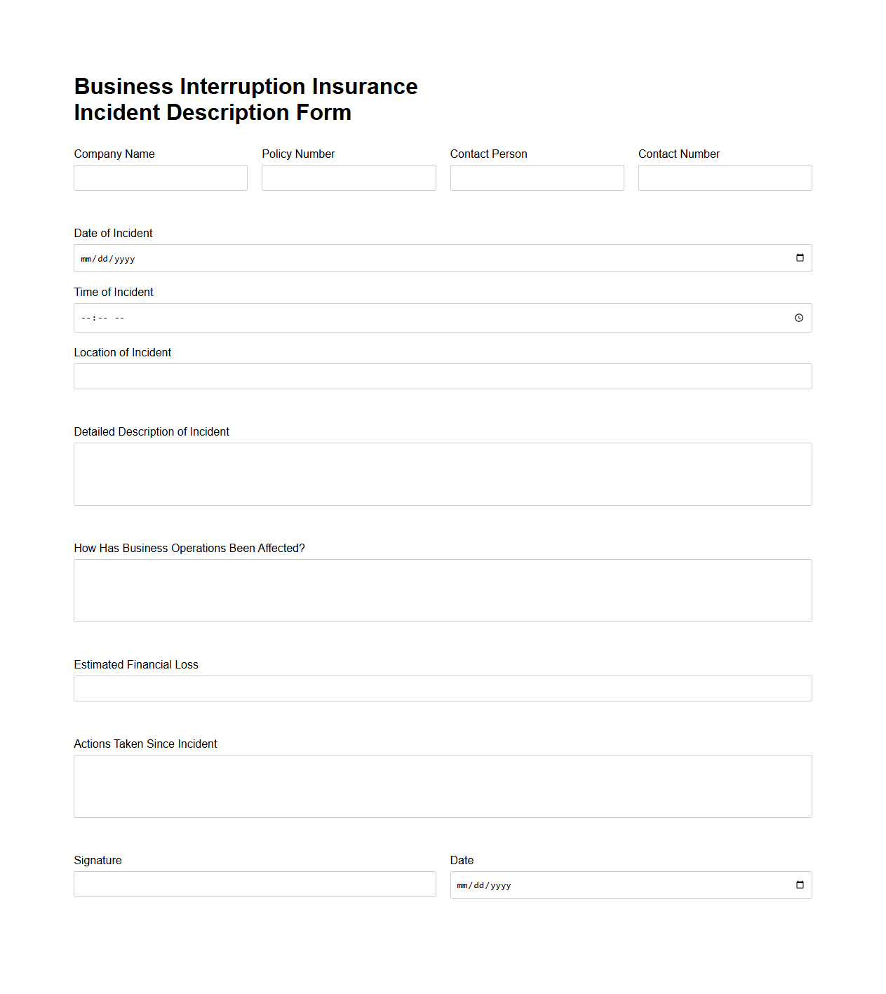 Business Interruption Insurance Incident Description Form