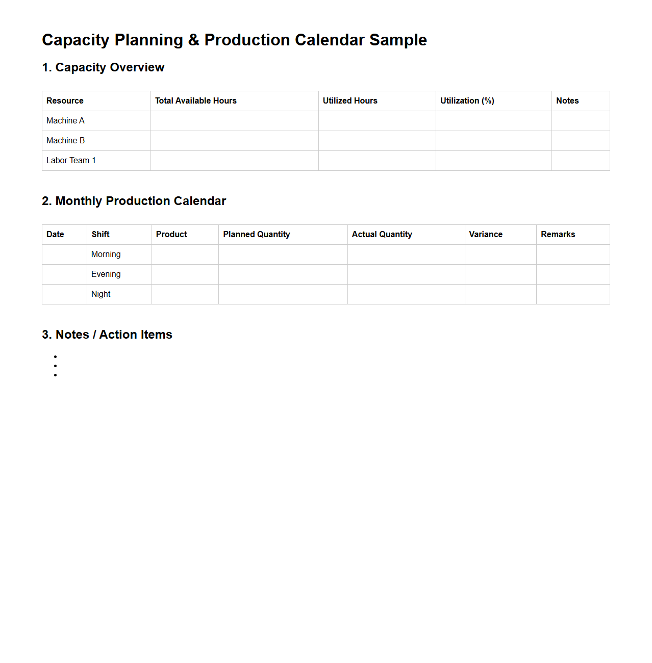 Capacity Planning and Production Calendar Sample