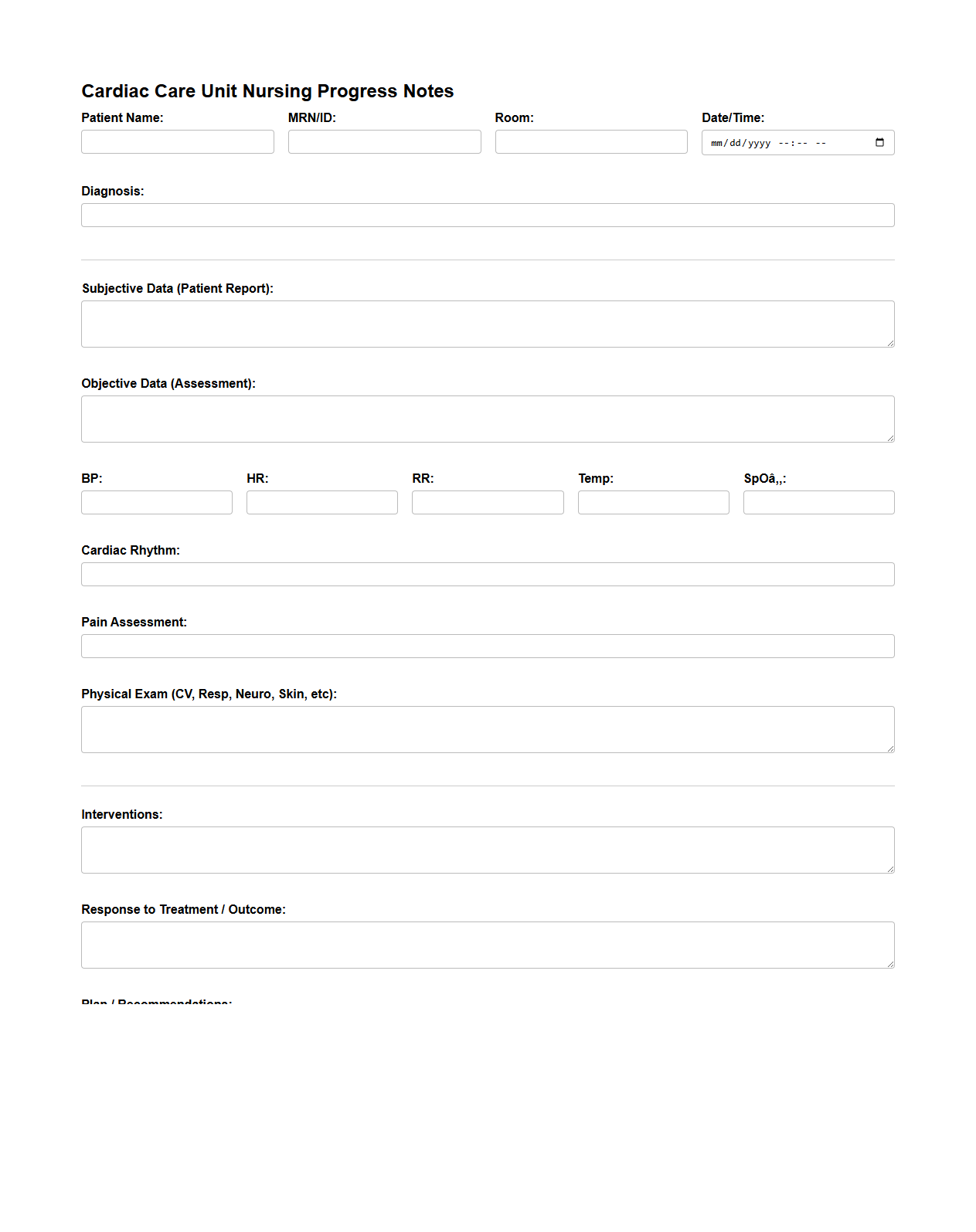 Cardiac Care Unit Nursing Progress Notes