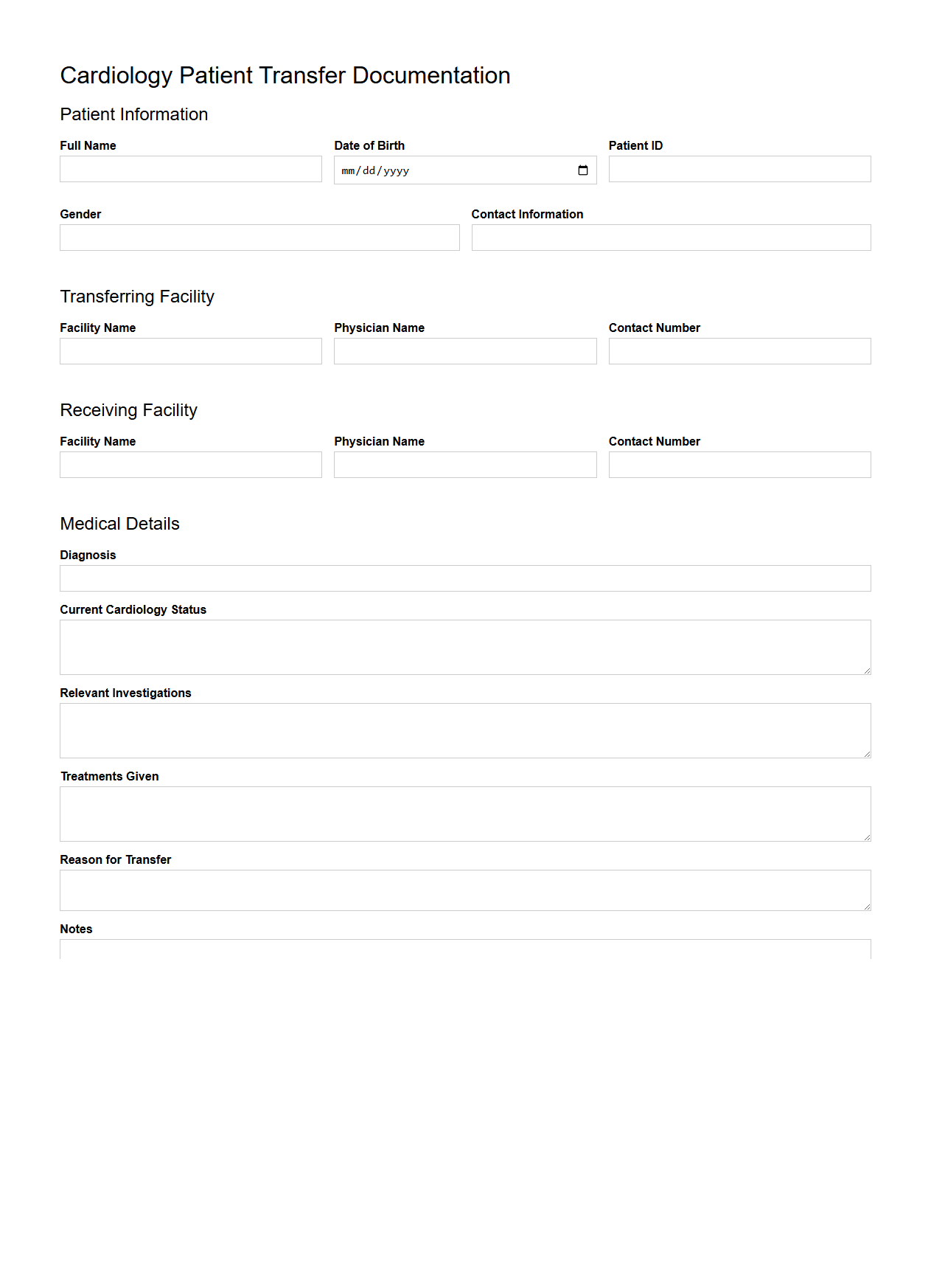 Cardiology Patient Transfer Documentation Template