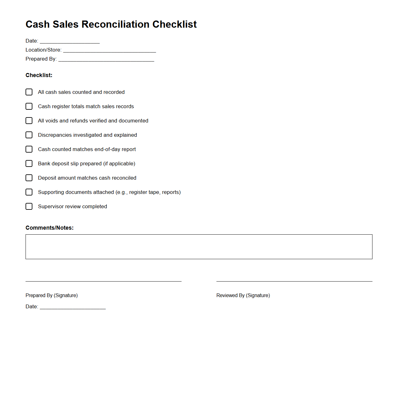Cash Sales Reconciliation Checklist