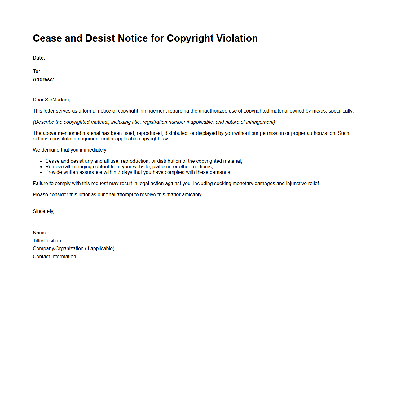 Cease and Desist Notice for Copyright Violation
