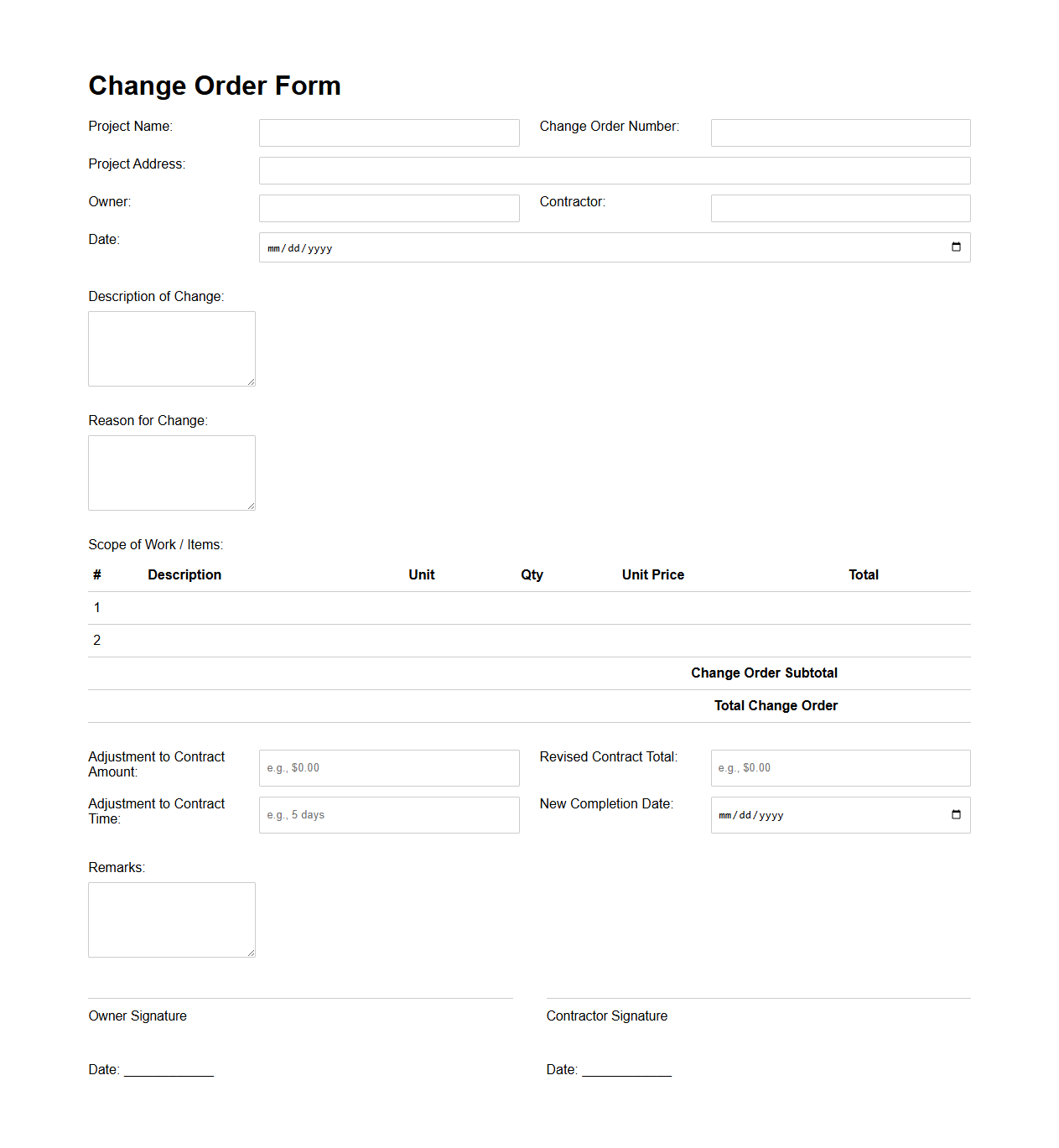 Change Order Form Sample for New Construction Ventures