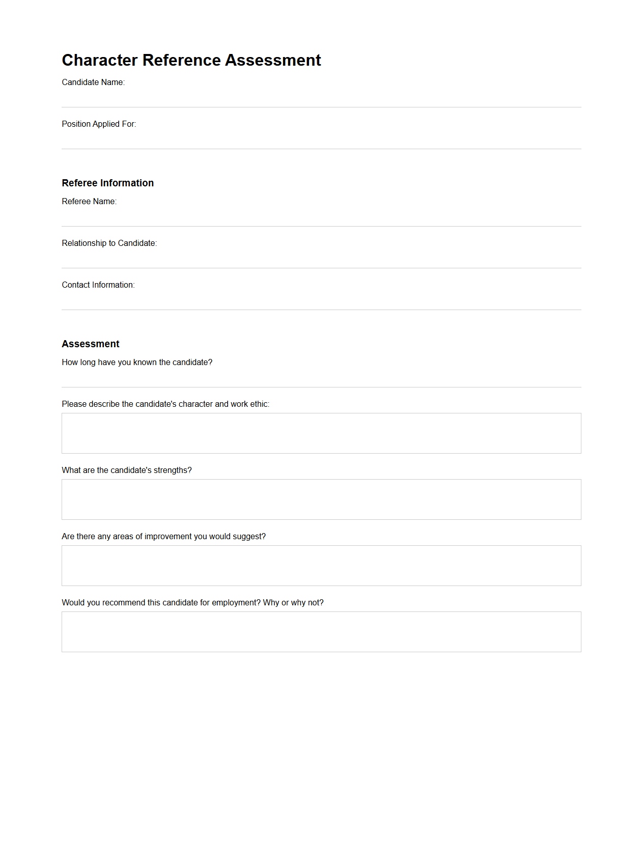 Character Reference Assessment Document for Employment