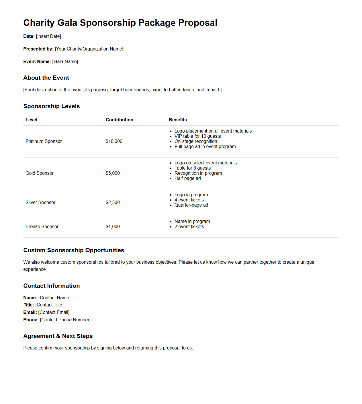 Charity Gala Sponsorship Package Proposal Template