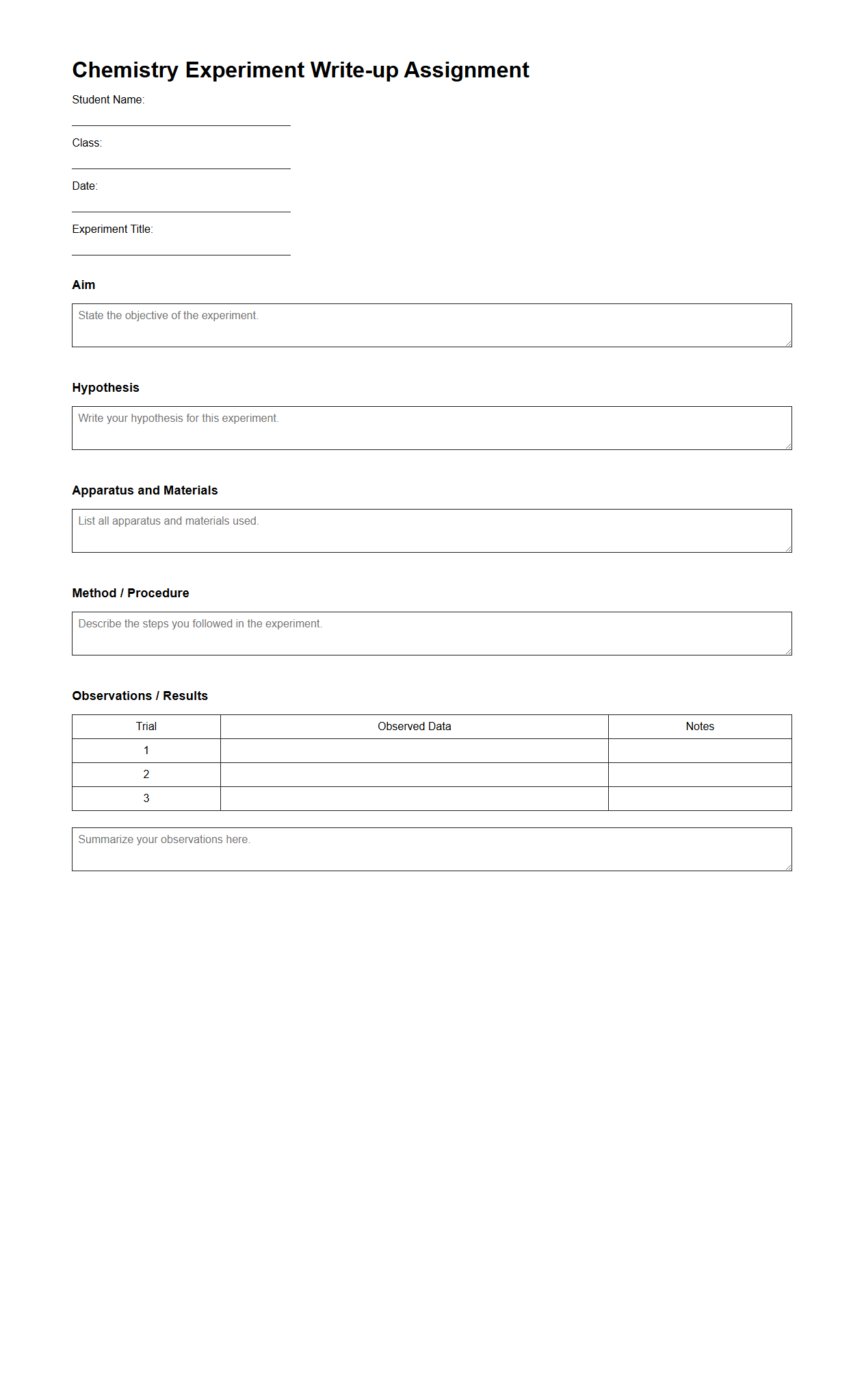 Chemistry Experiment Write-up Assignment for Secondary School