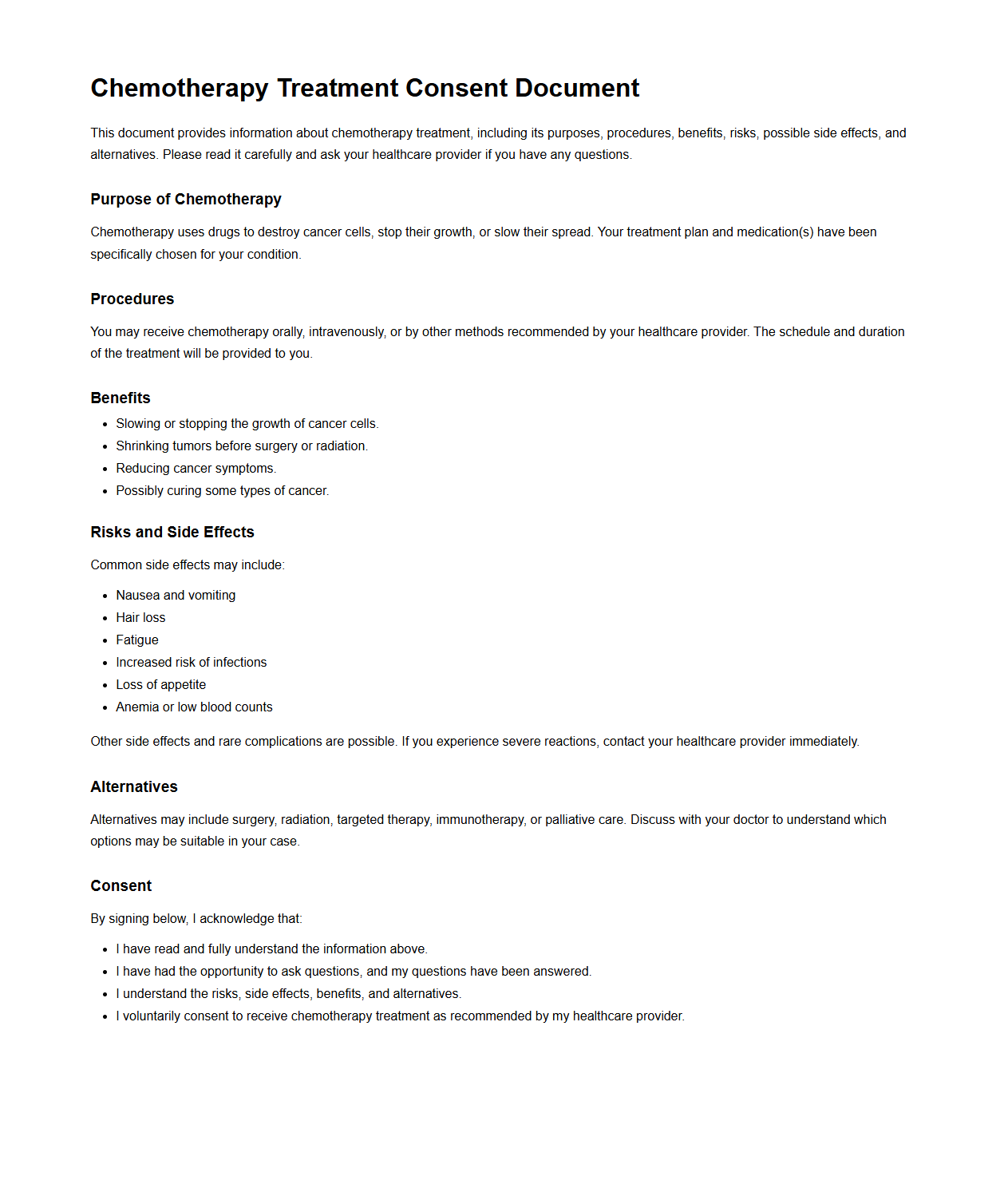 Chemotherapy Treatment Consent Document