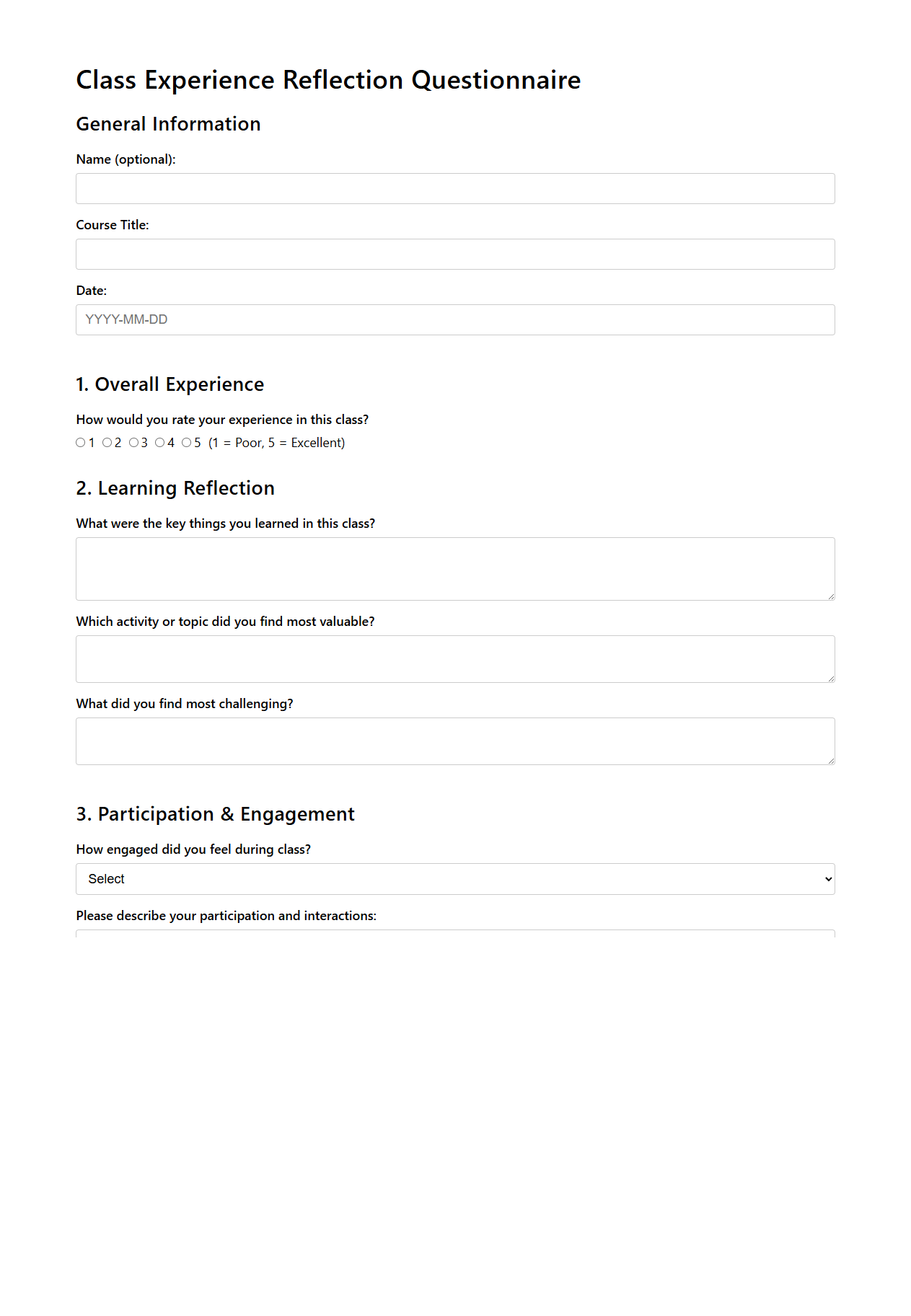 Class Experience Reflection Questionnaire