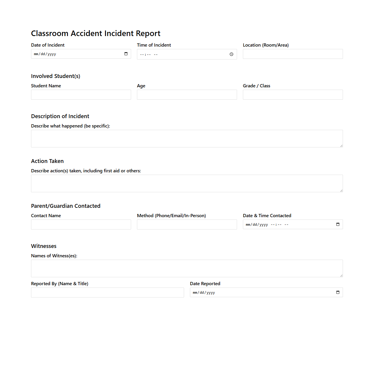 Classroom Accident Incident Documentation Sample