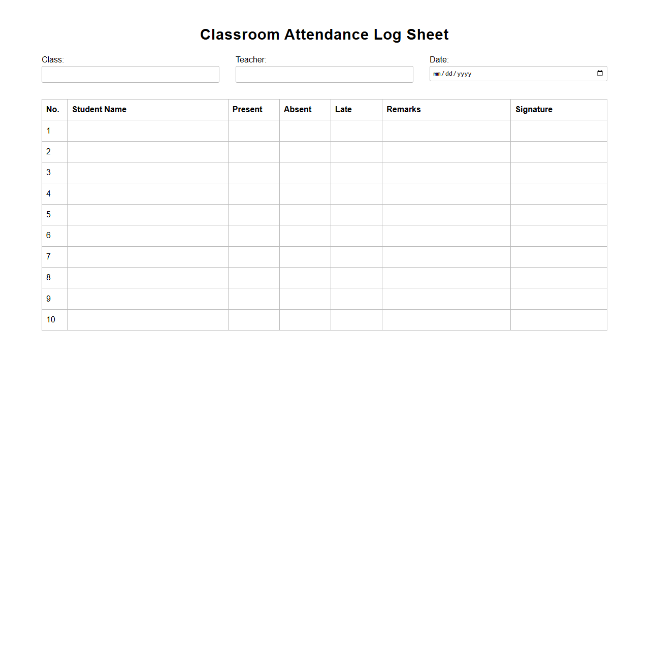 Classroom Attendance Log Sheet
