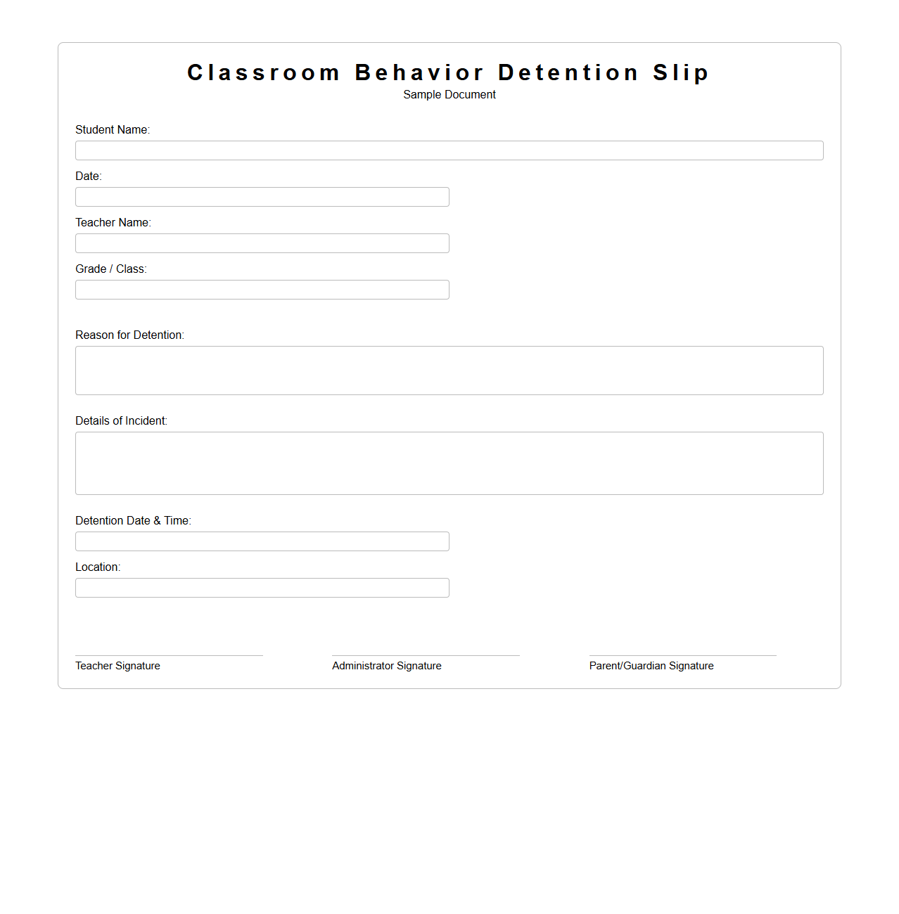 Classroom Behavior Detention Slip Example