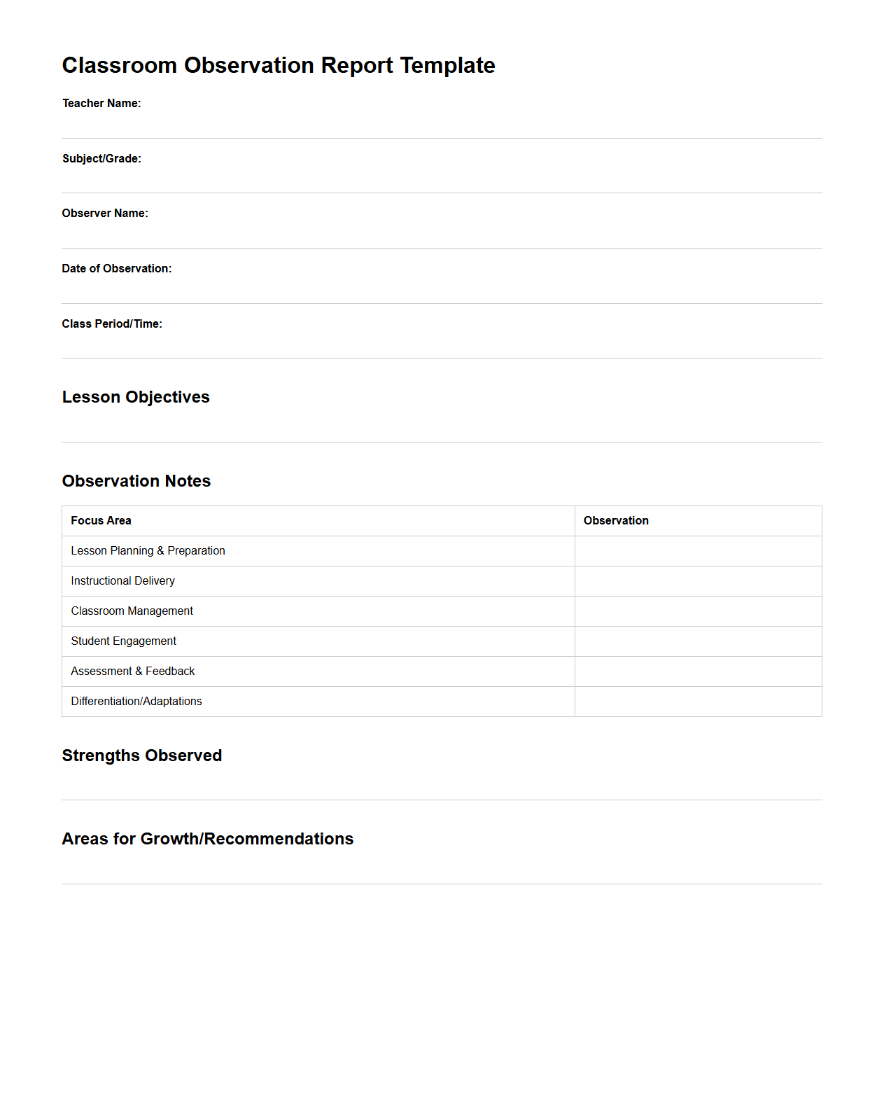 Classroom Observation Report Template for Teacher Performance