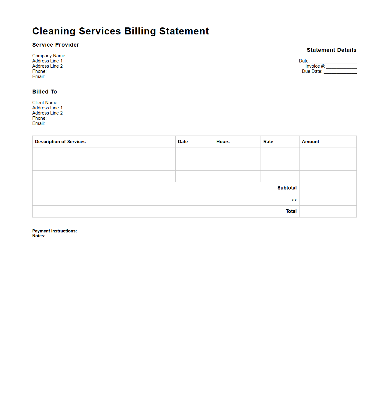 Cleaning Services Billing Statement