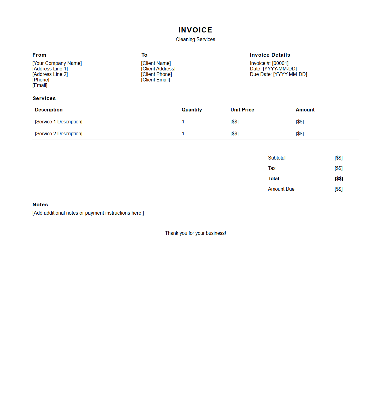 Cleaning Services Invoice Structure