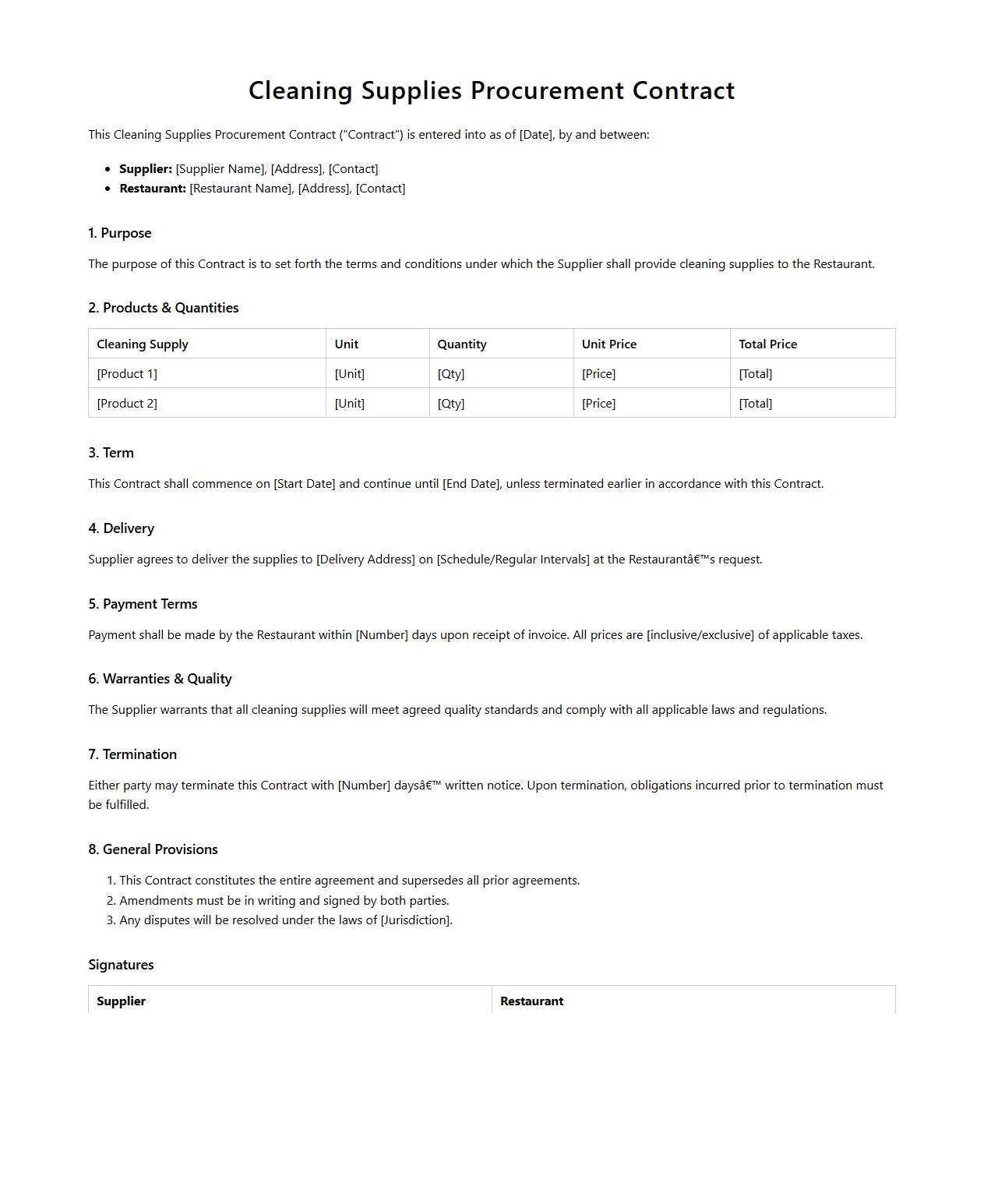 Cleaning Supplies Procurement Contract for Restaurants