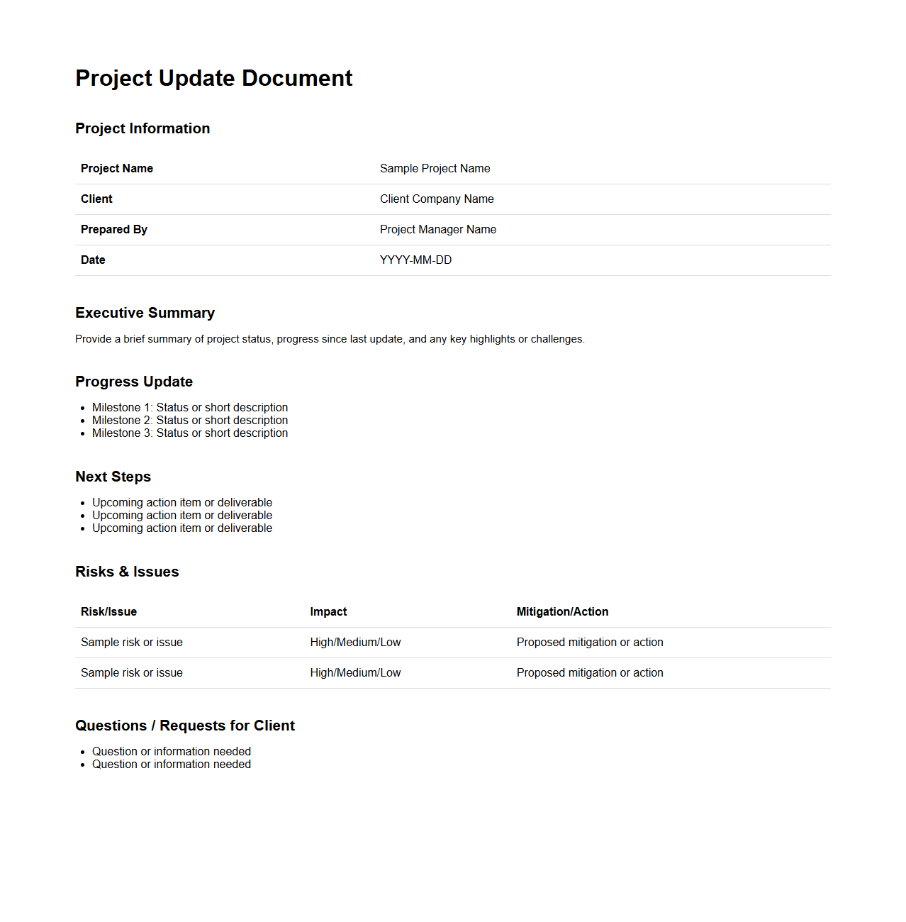 Client-Facing Project Update Document Sample