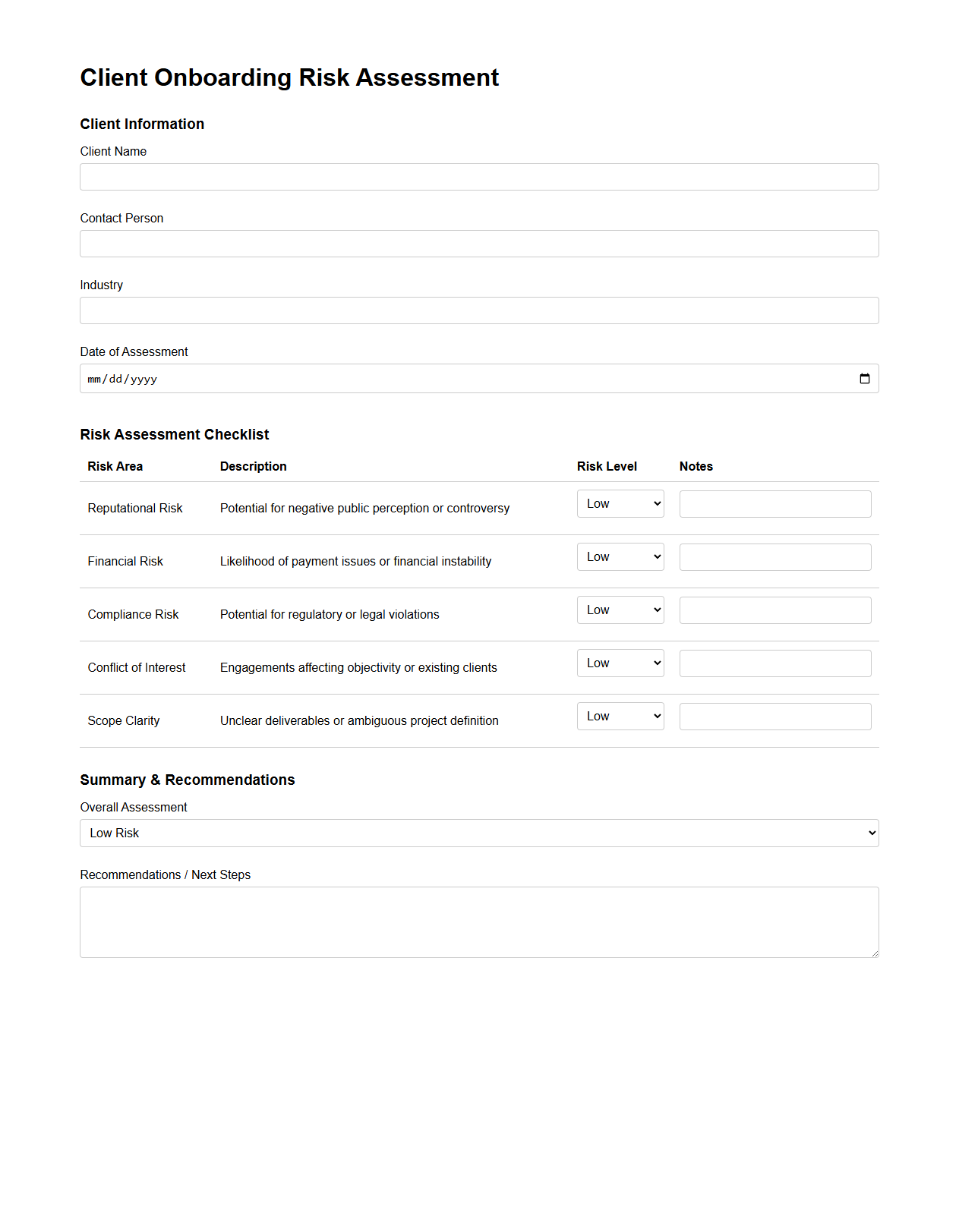 Client Onboarding Risk Assessment Template for Consulting Practices