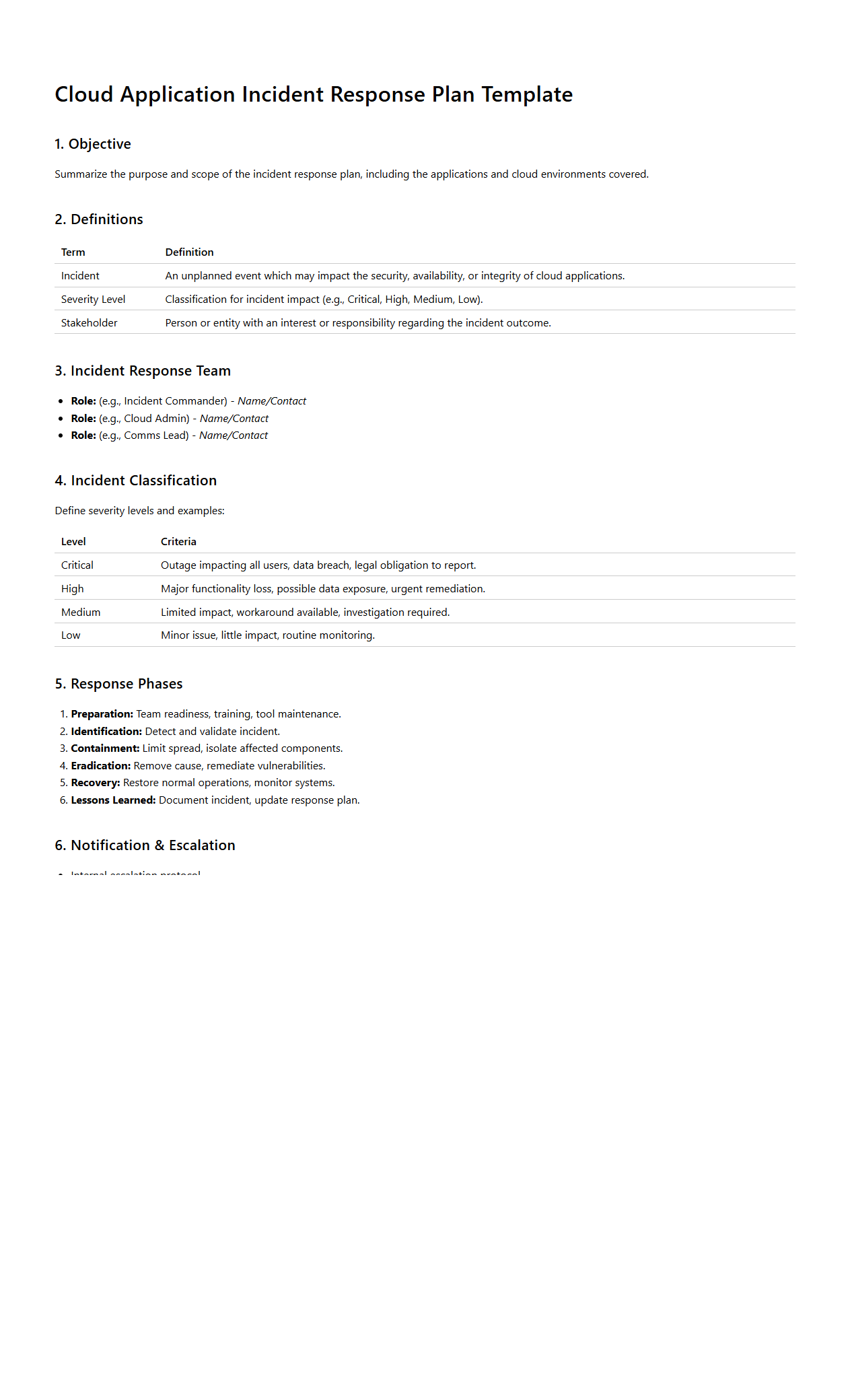 Cloud Application Incident Response Plan Template