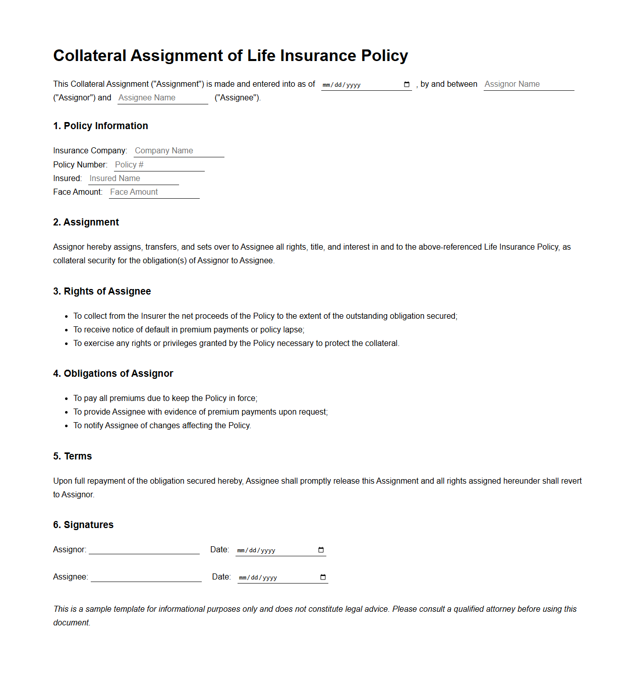 Collateral Assignment of Life Insurance Policy Template