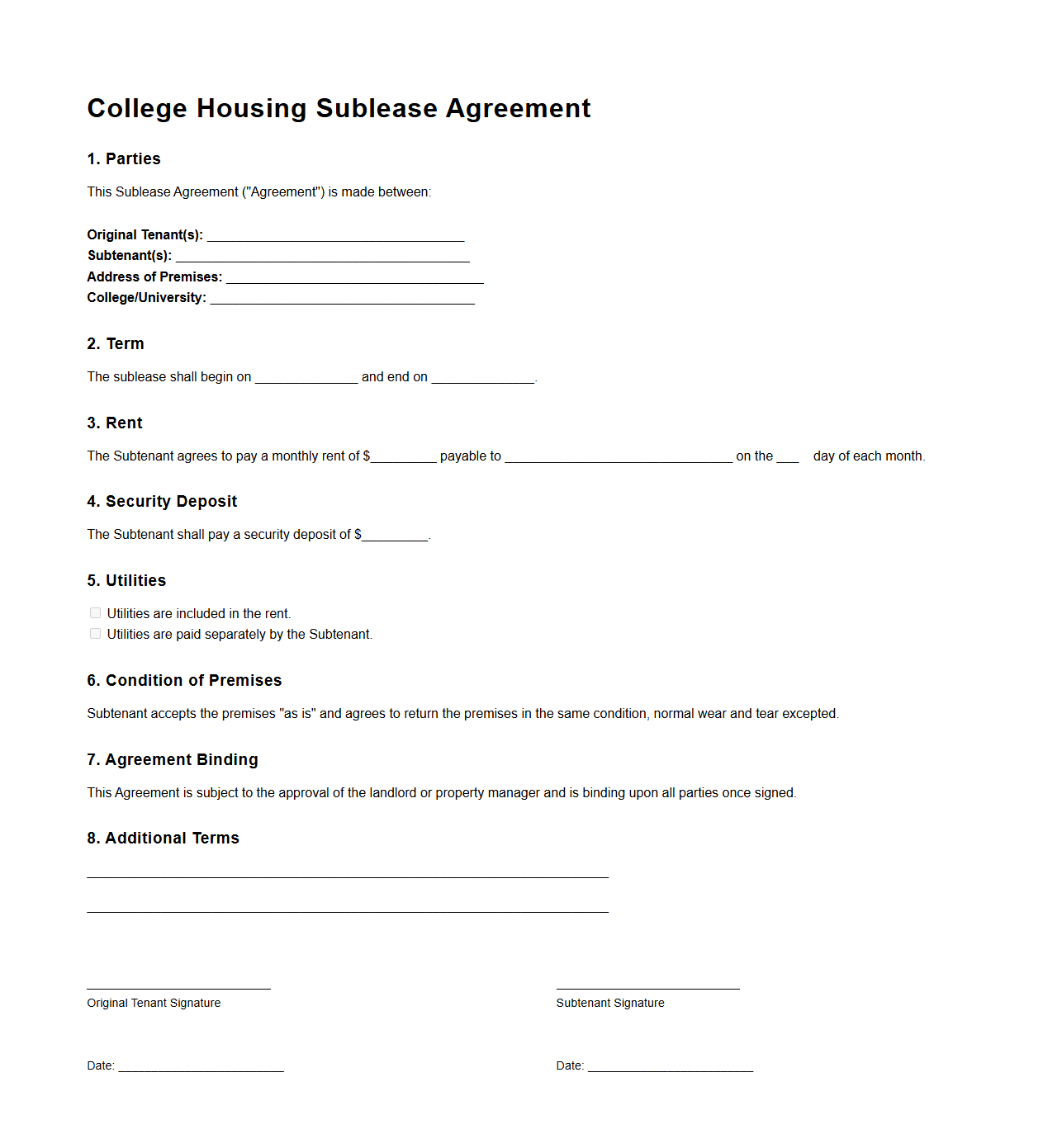 College Housing Sublease Agreement
