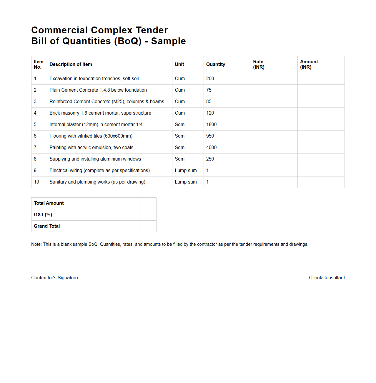 Commercial Complex Tender Bill of Quantities
