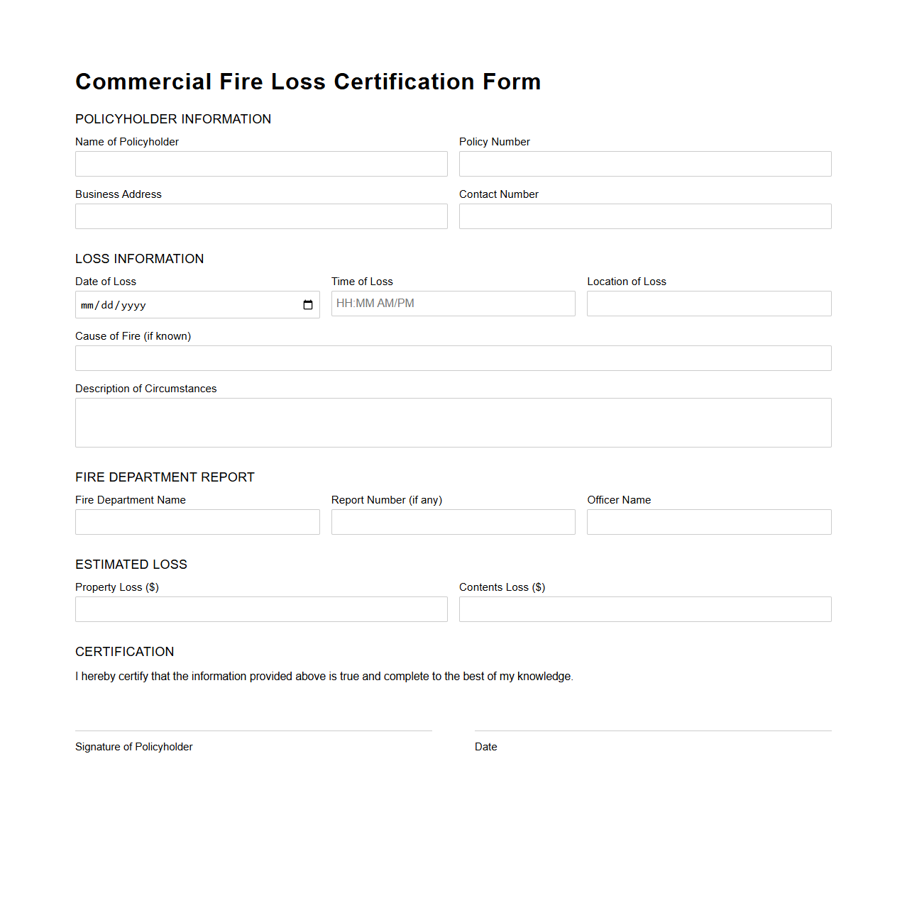 Commercial Fire Loss Certification Form