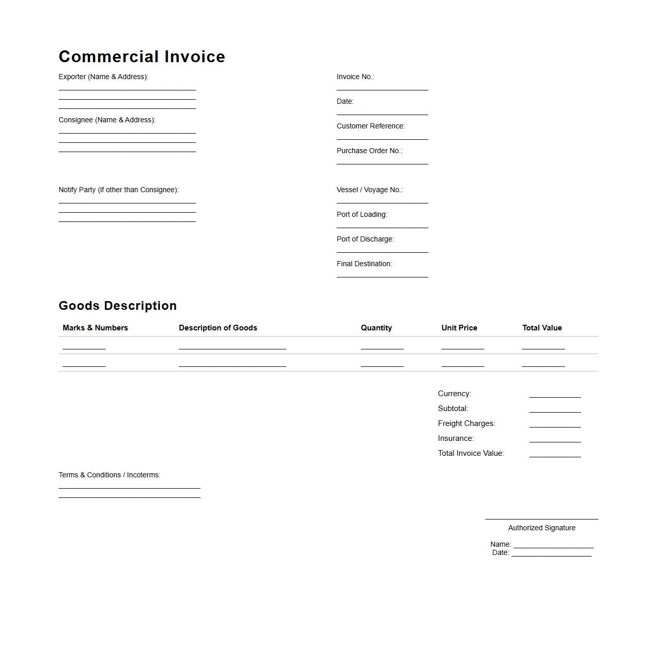 Commercial Invoice Example for Sea Freight Shipments