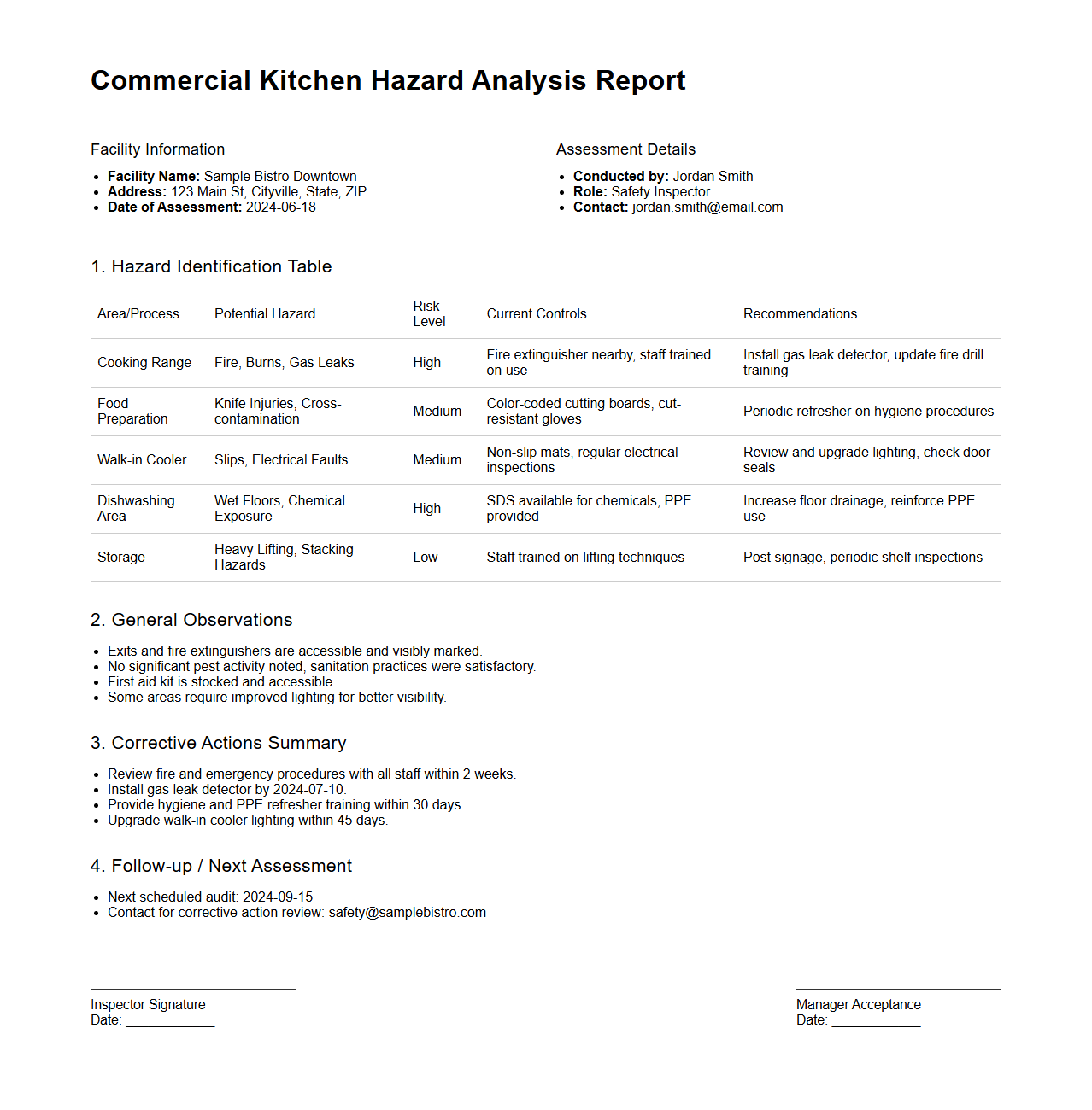 Commercial Kitchen Hazard Analysis Report Example