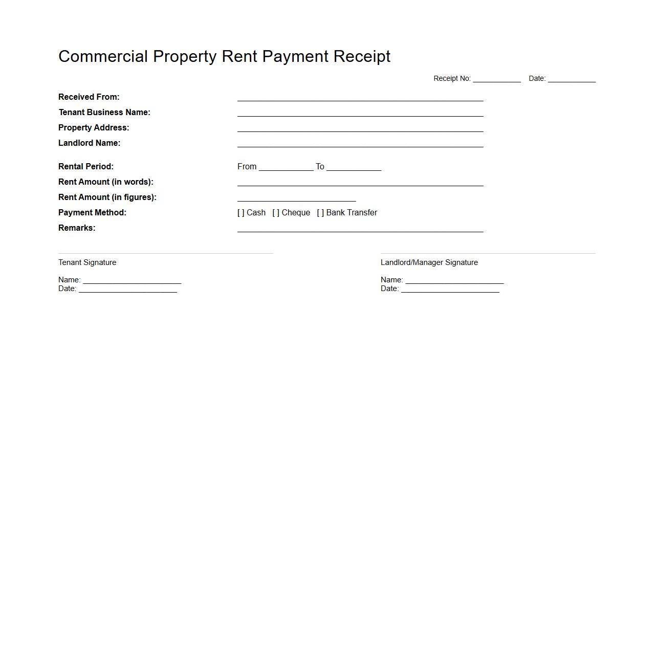 Commercial Property Rent Payment Receipt