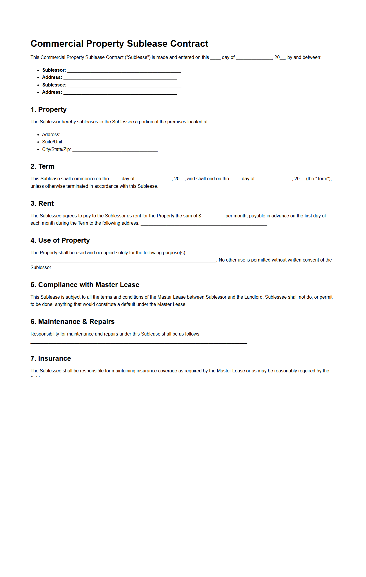 Commercial Property Sublease Contract