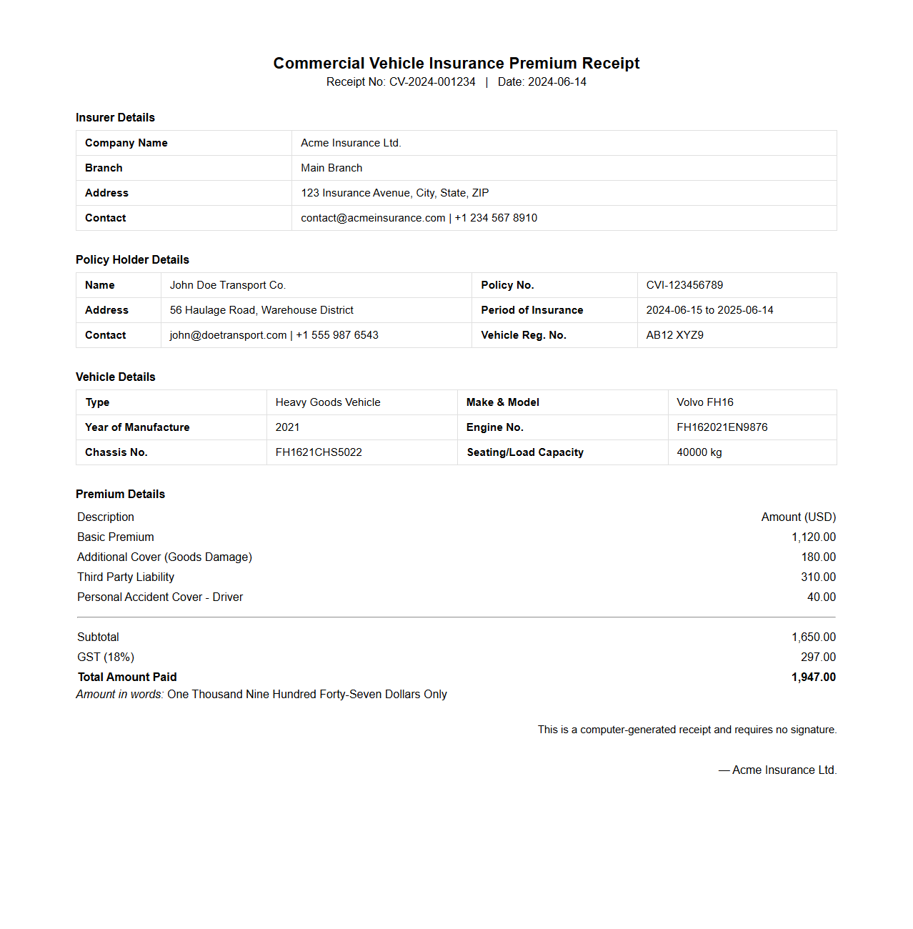 Commercial Vehicle Insurance Premium Receipt Example