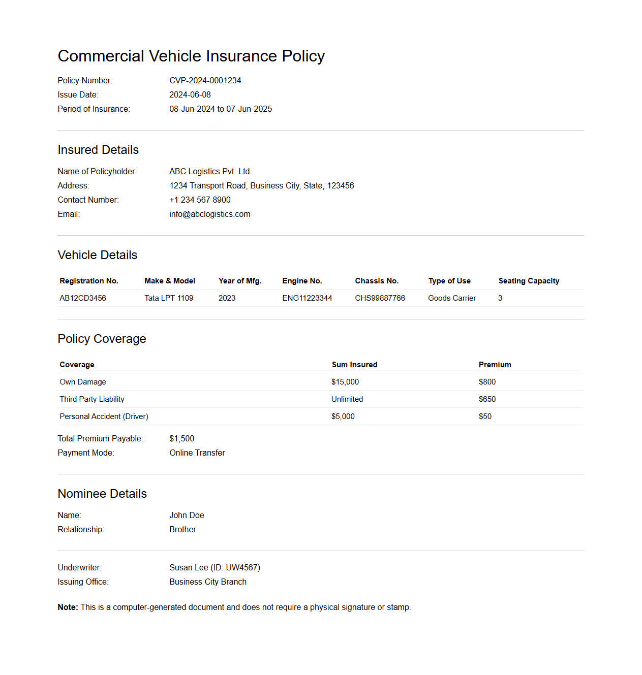 Commercial Vehicle Policy Issuance Document Example