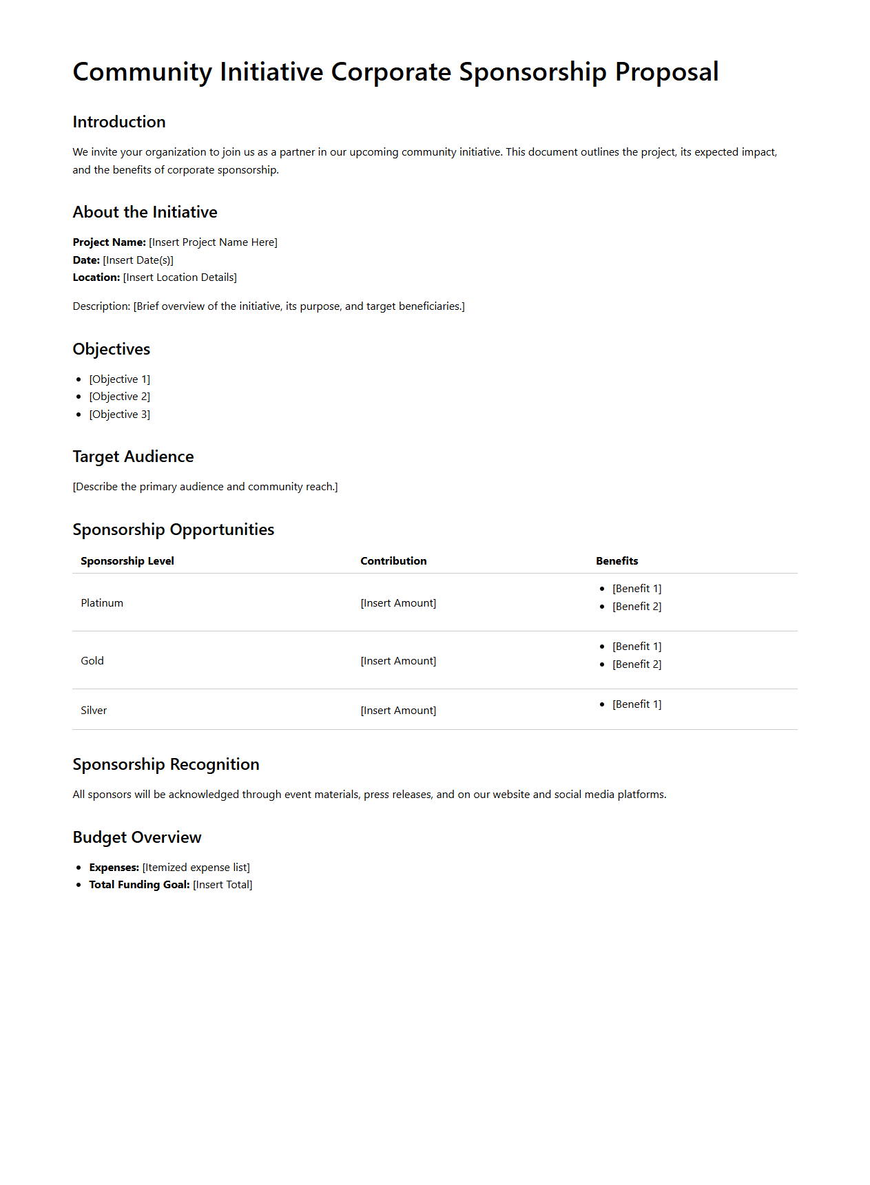 Community Initiative Corporate Sponsorship Proposal