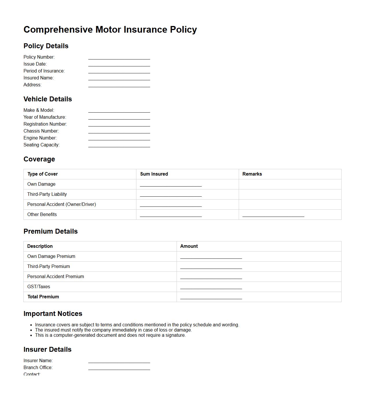 Comprehensive Motor Insurance Policy Issuance Sample