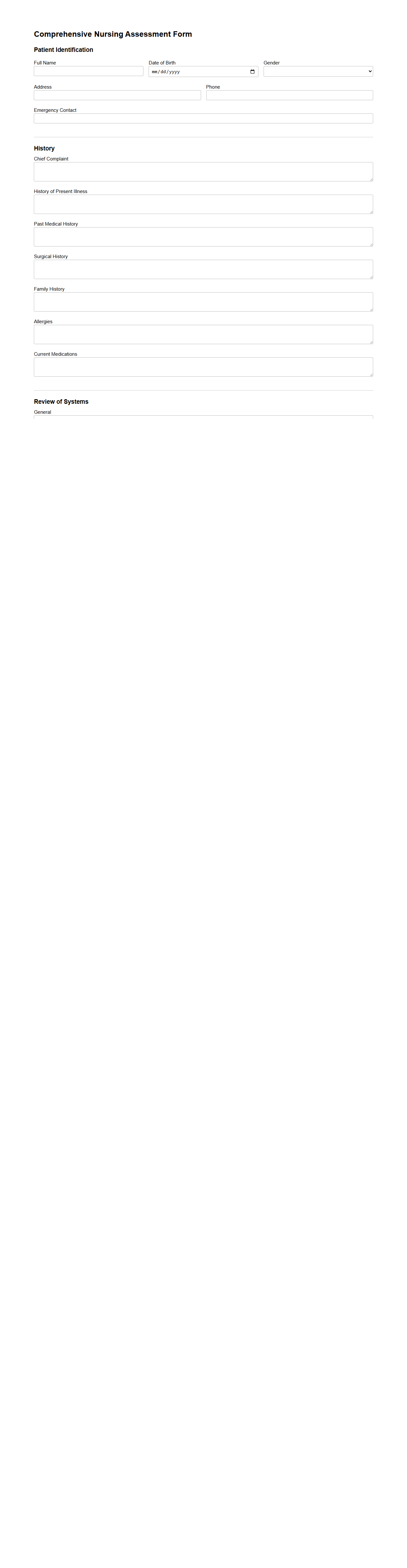 Comprehensive Nursing Assessment Form Template