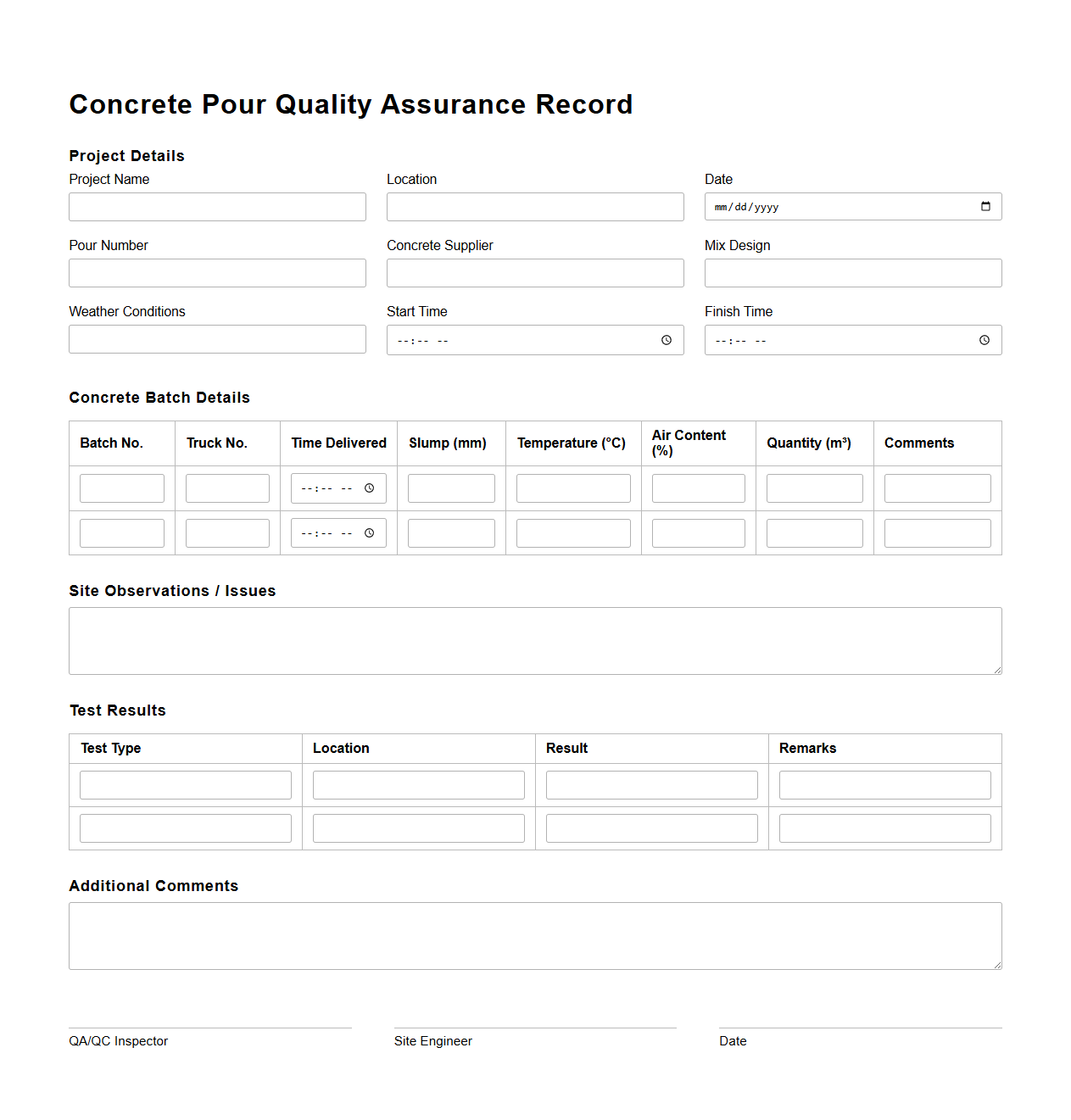 Concrete Pour Quality Assurance Record