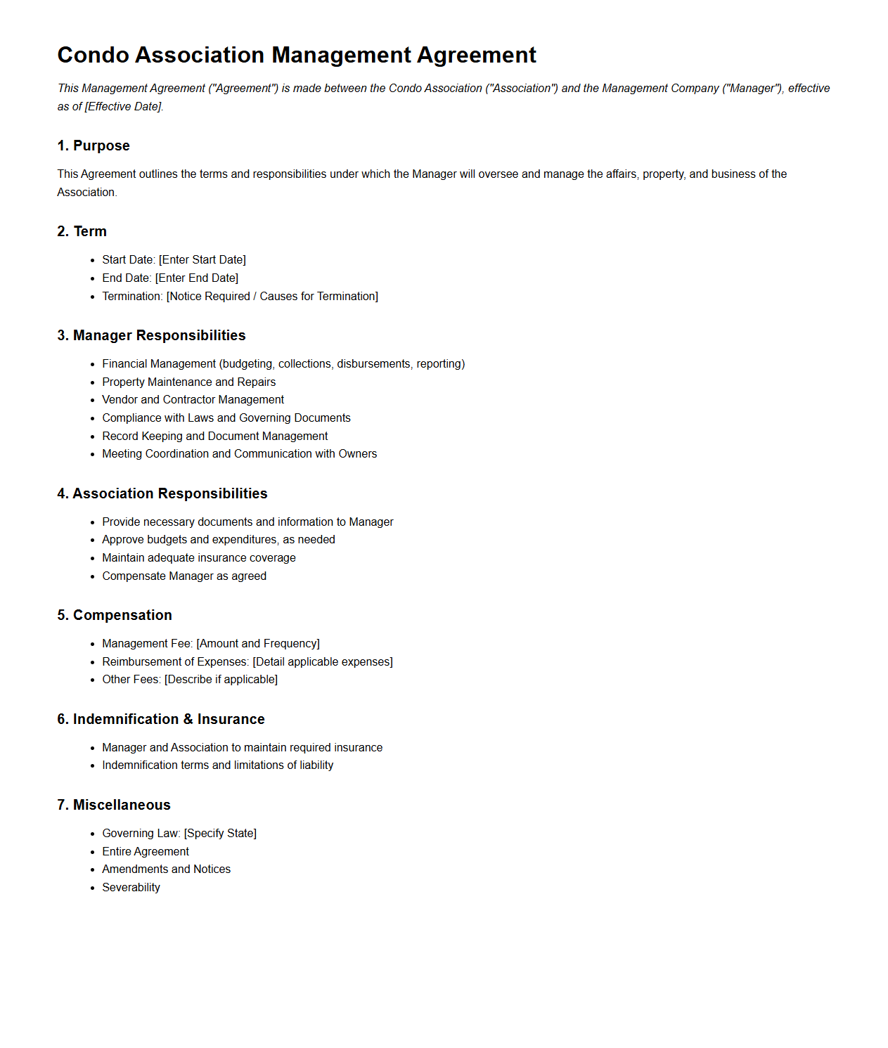Condo Association Management Agreement Structure