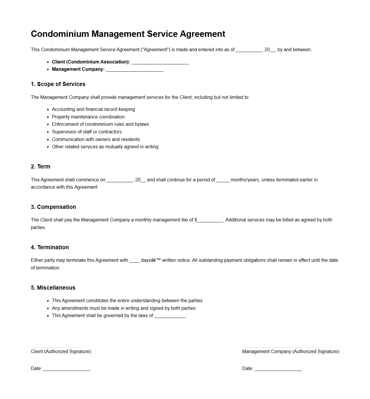 Condominium Management Service Agreement Example