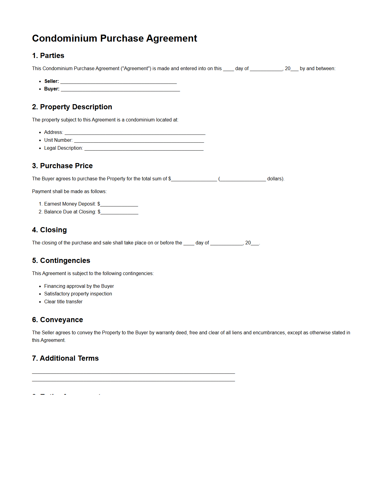 Condominium Purchase Agreement Sample