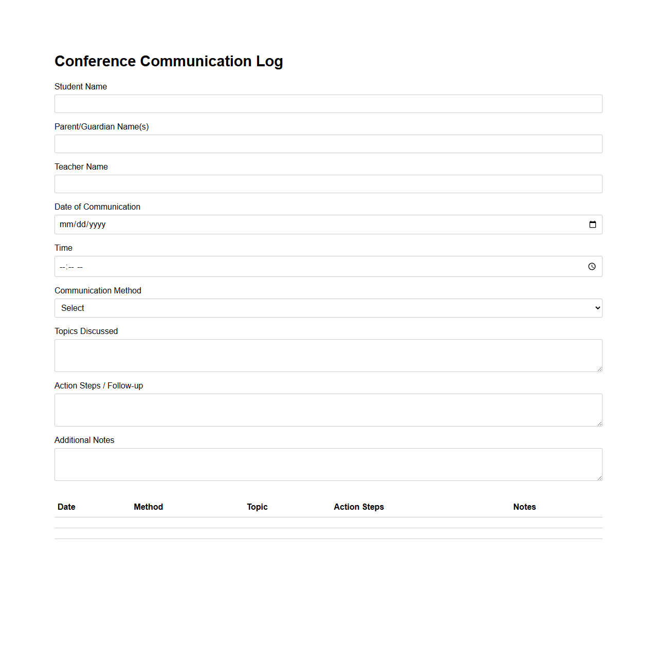 Conference Communication Log for Parent-Teacher Collaboration