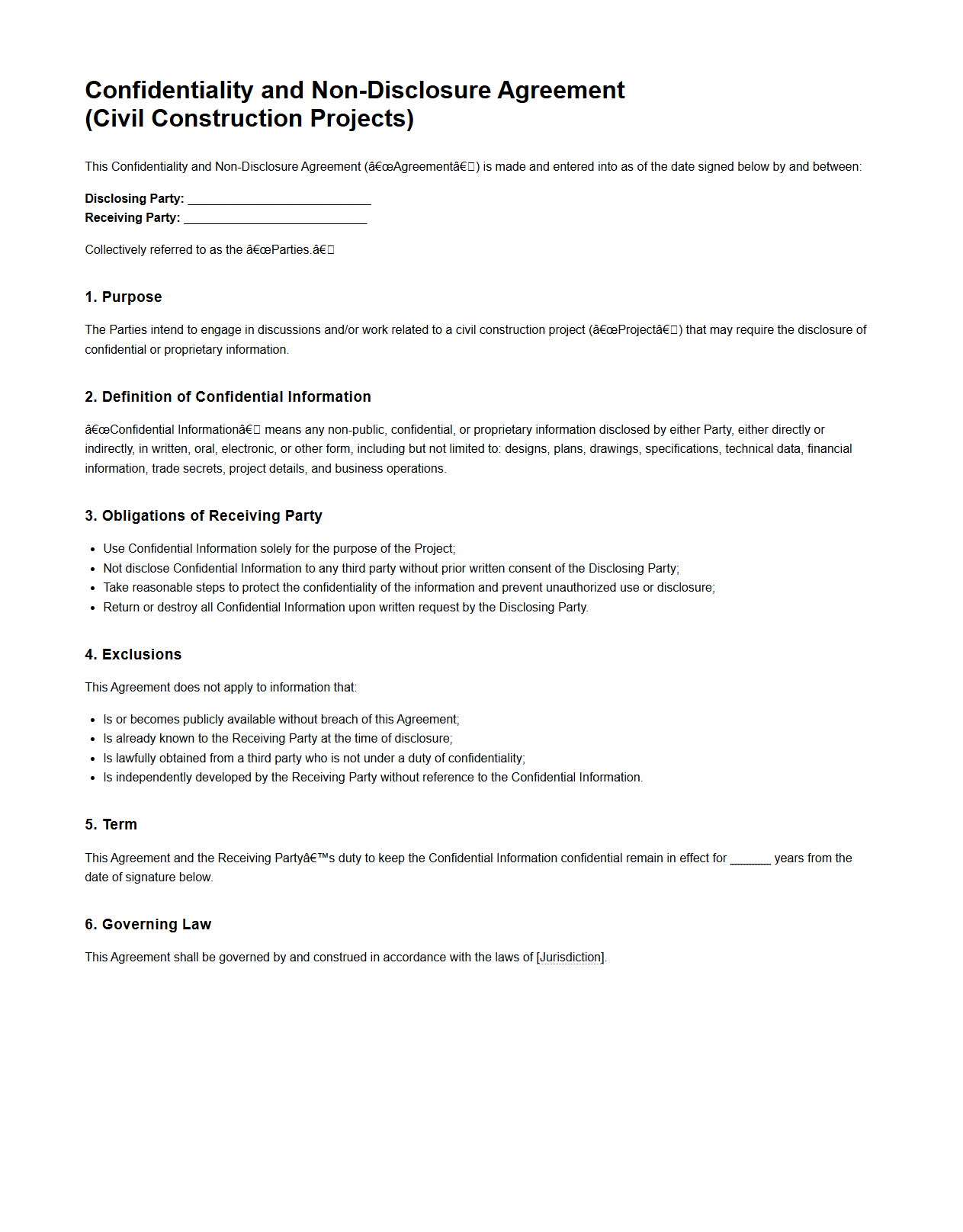 Confidentiality and Non-Disclosure Agreement for Civil Construction Projects