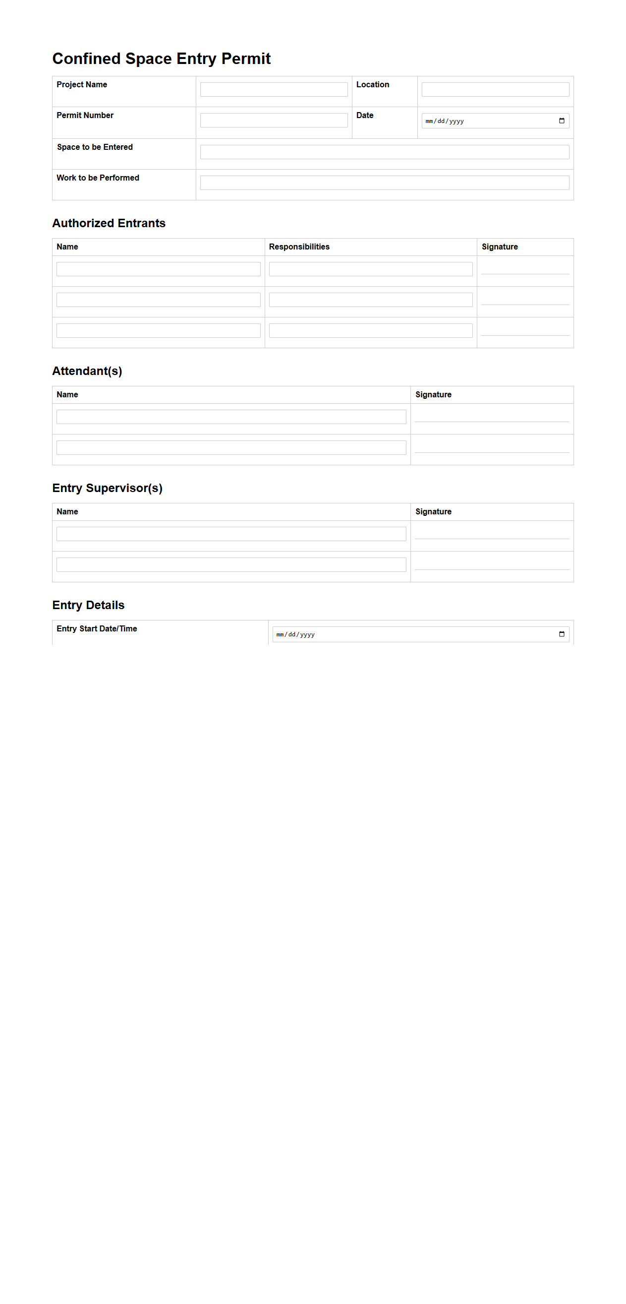 Confined Space Entry Permit Template for Construction Projects