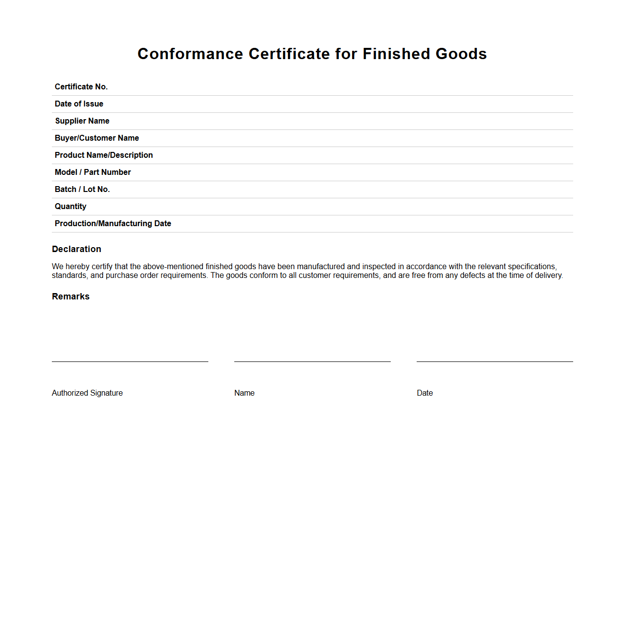Conformance Certificate for Finished Goods