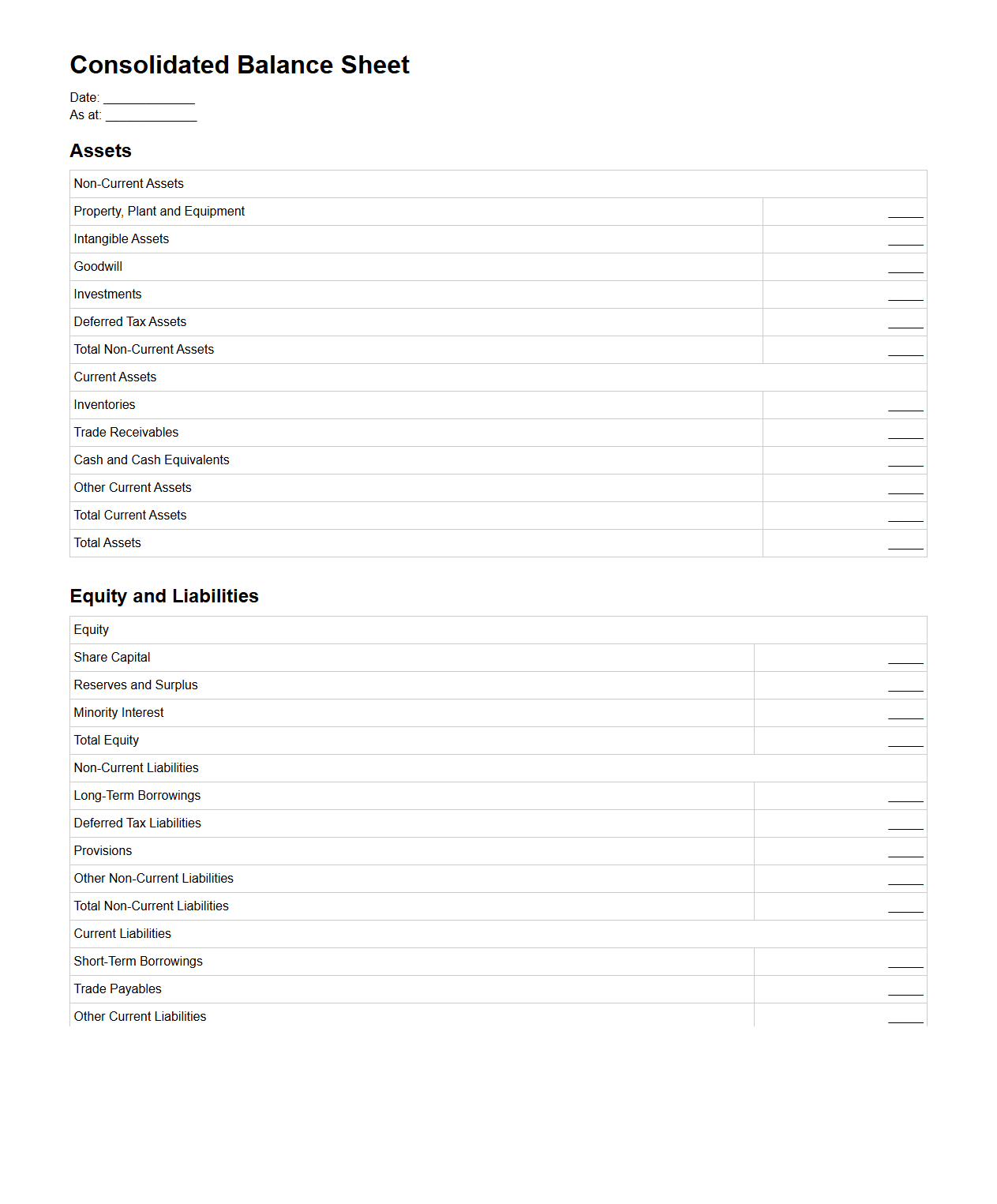 Consolidated Balance Sheet Format for Corporate Accounts