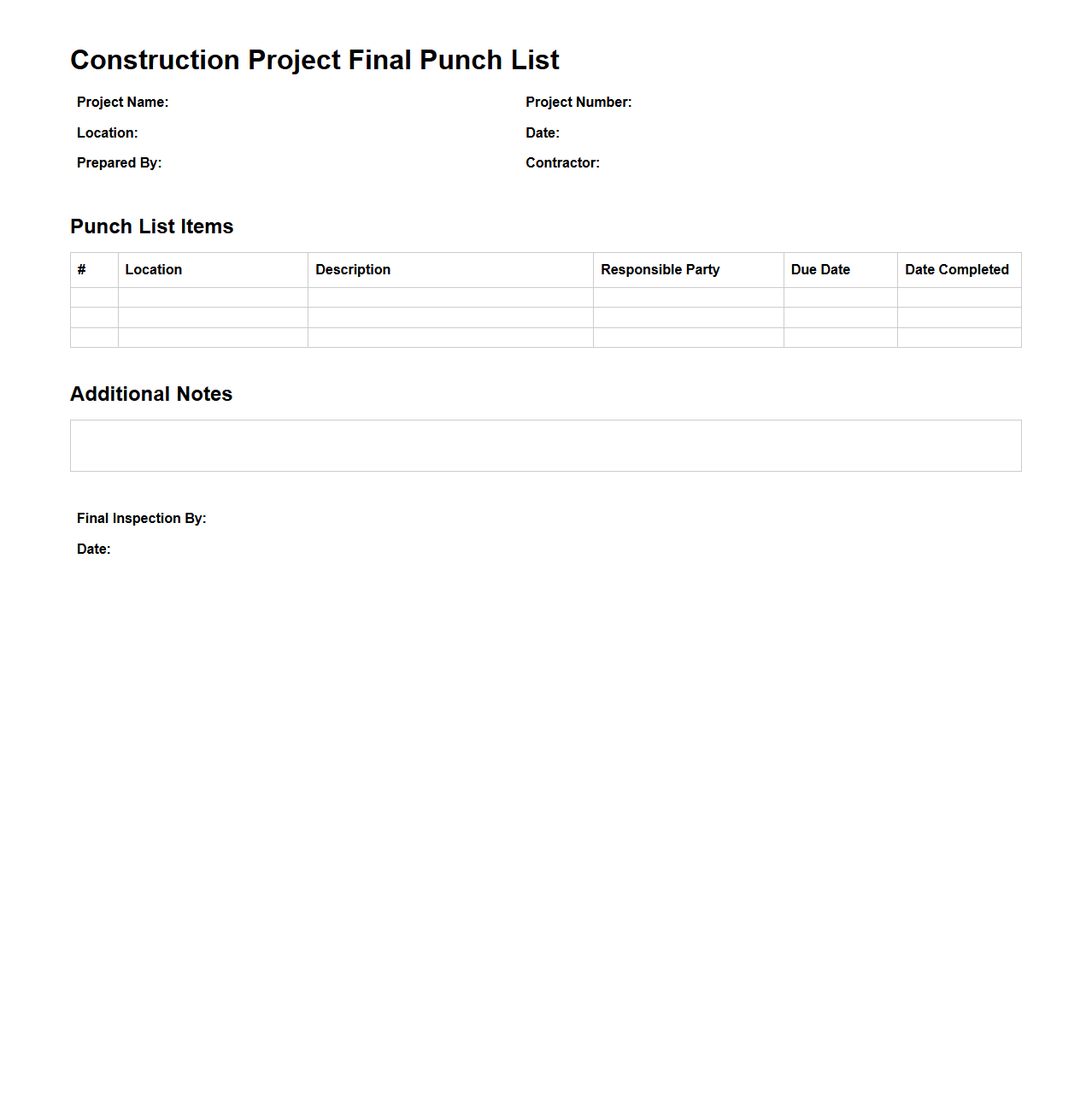 Construction Project Final Punch List Template