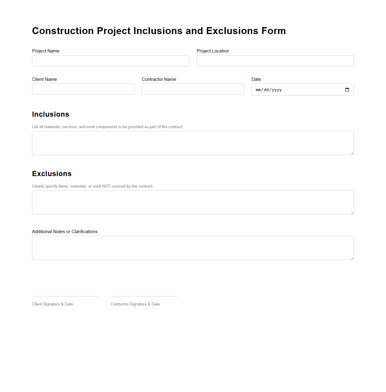 Construction Project Inclusions and Exclusions Form