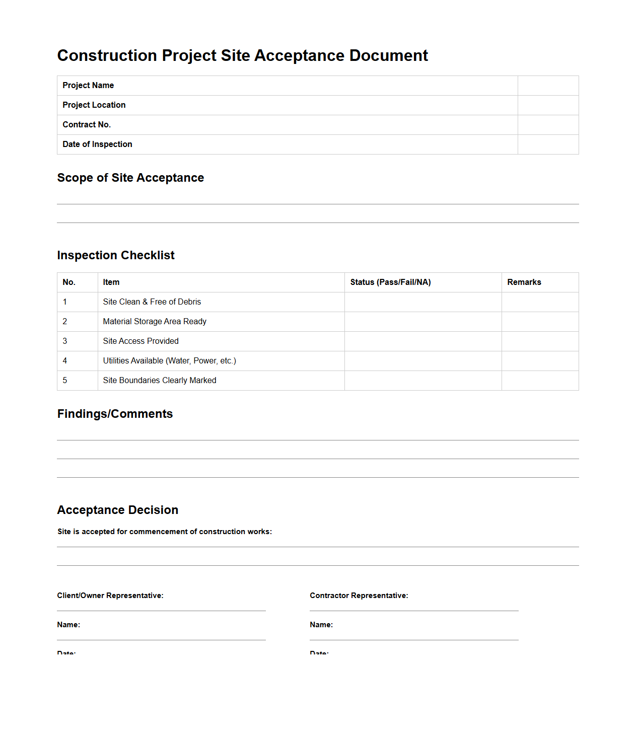 Construction Project Site Acceptance Document Sample