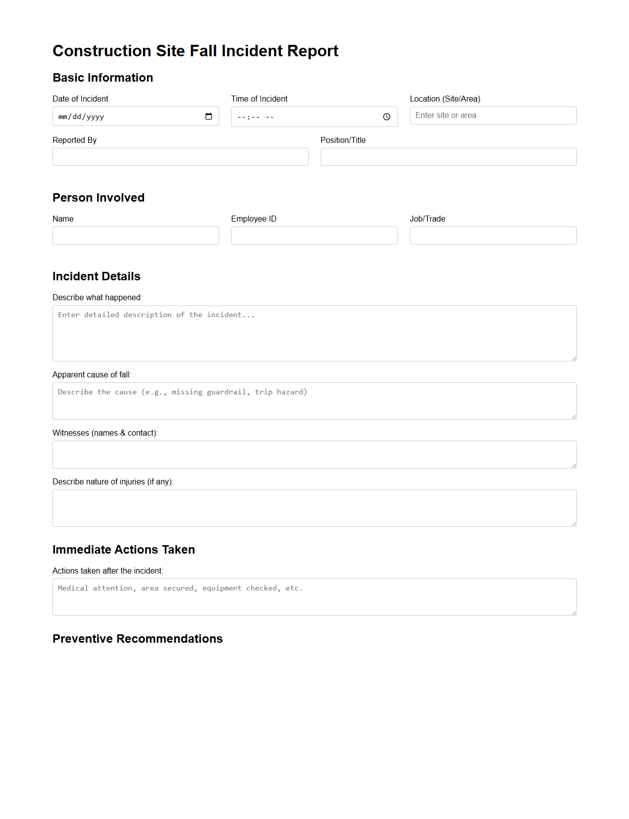 Construction Site Fall Incident Report Sample