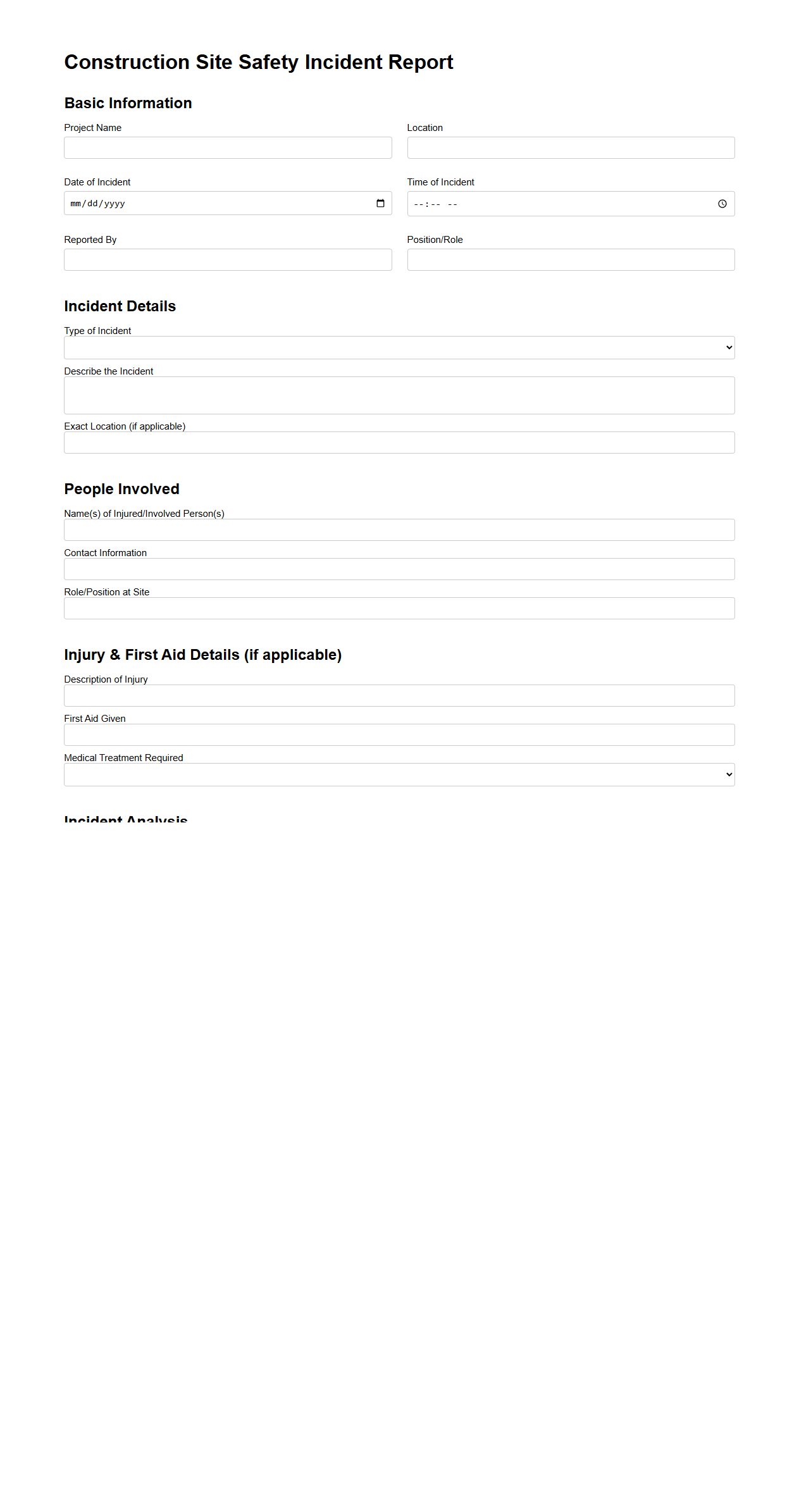 Construction Site Safety Incident Report Template